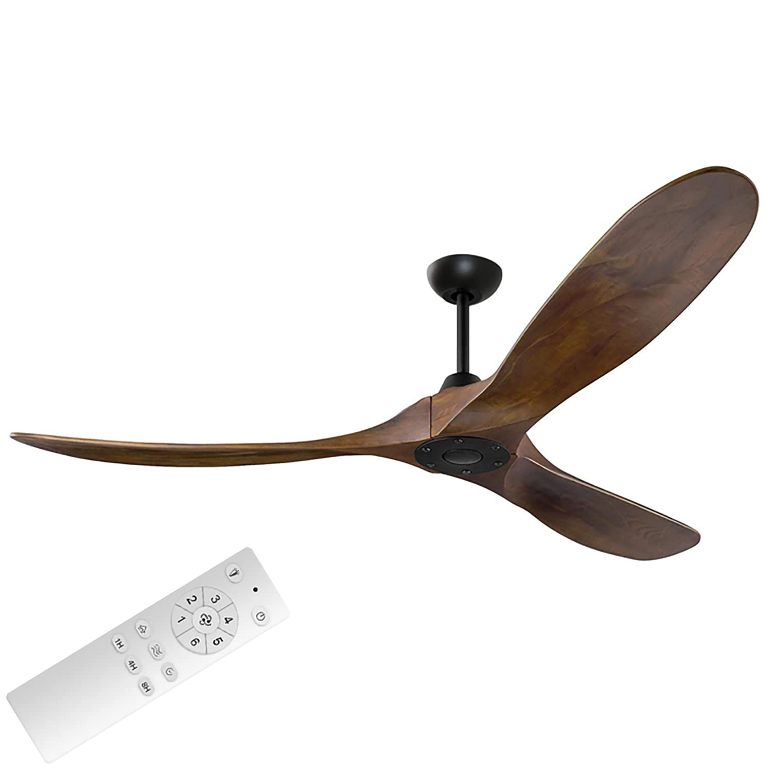 52 Inch Modern Walnut Ceiling Fan with Remote Control - No Light DC Motor Fan with 3 Balsa Wood Blades, 6-Speed Silent Operation & Timer Function - Perfect for Living Room, Bedroom, Restaurant, Patio and Outdoor Spaces (Black)