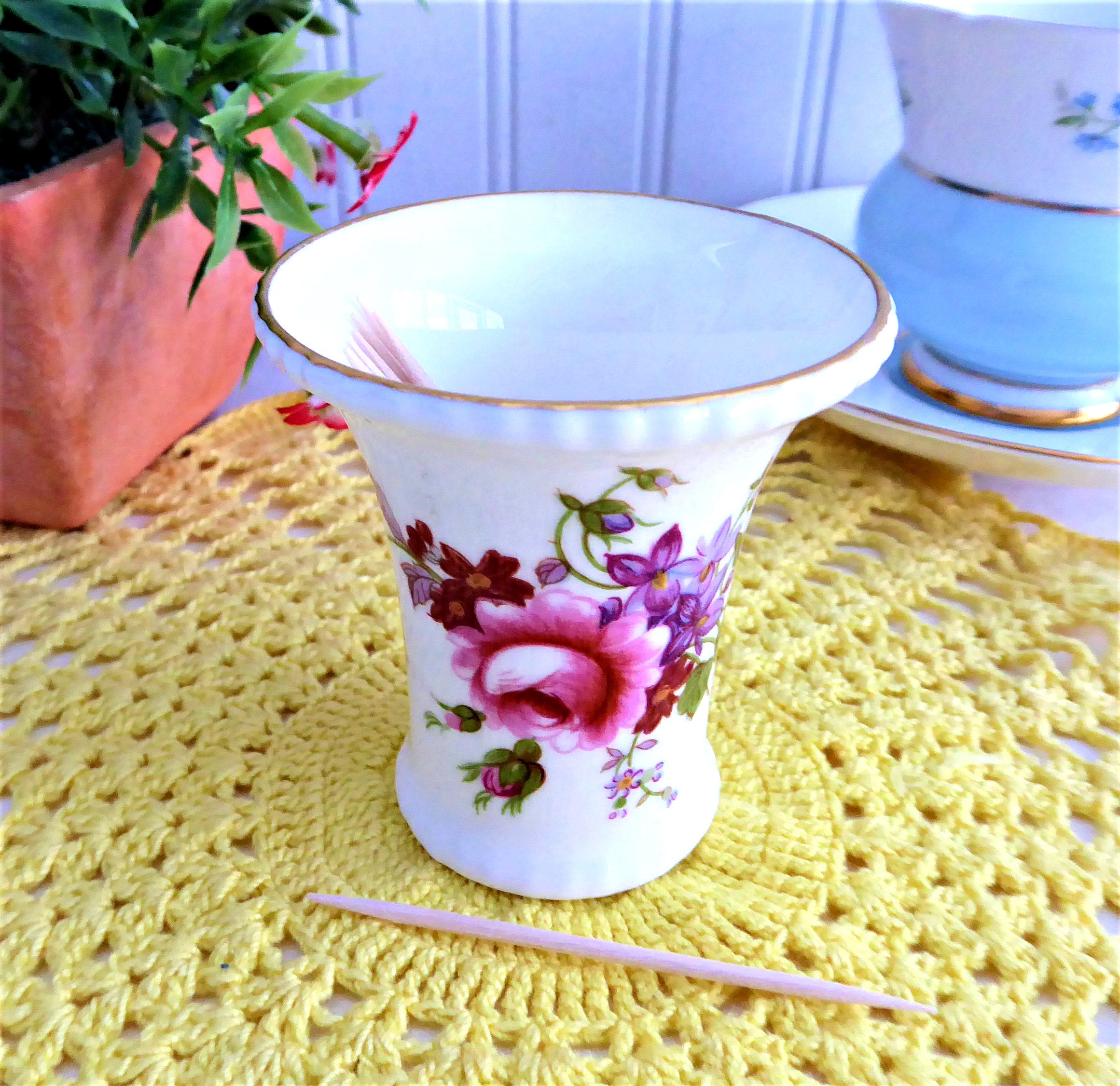 Royal Crown Derby English Bone China Toothpick Holder - Derby Posies Pink Roses Design, Elegant Small Vase for Home Decor | Perfect for Dining Table, Kitchen Countertop, and Gift Giving