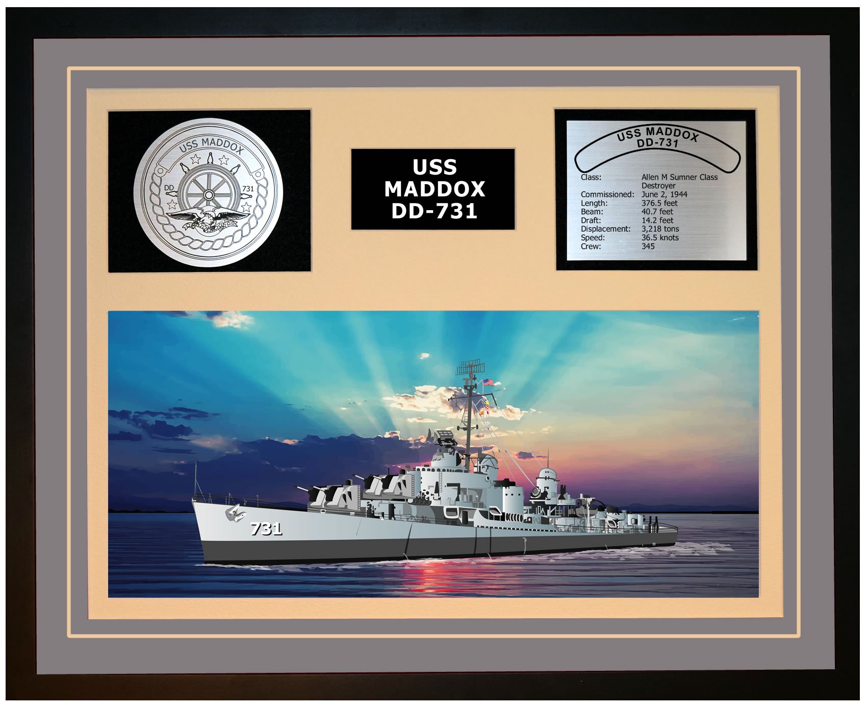 USS Maddox DD-731 Navy Ship Model - Framed Grey Display for Military Collectors & Home Office Decor | Perfect for Navy Veterans, History Buffs & Patriotic Home Decor