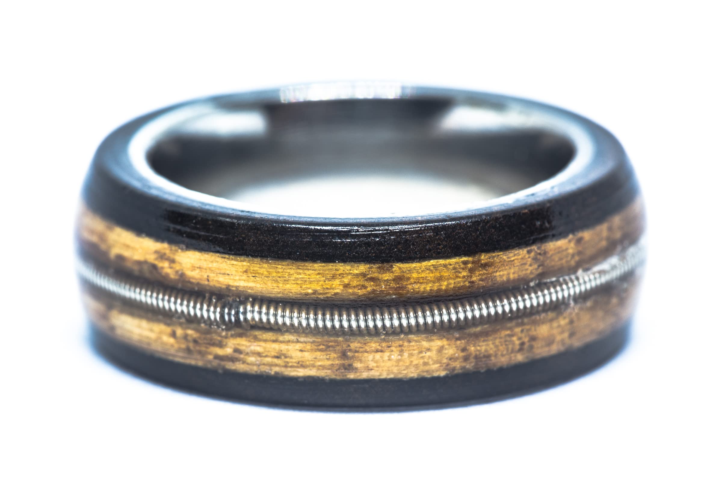 Handcrafted Whiskey Barrel Guitar String & Ebony Wood Titanium Ring - Unique Men's Wedding Band, Anniversary Gift for Him - Perfect for Musicians, Whiskey Lovers & Outdoor Enthusiasts