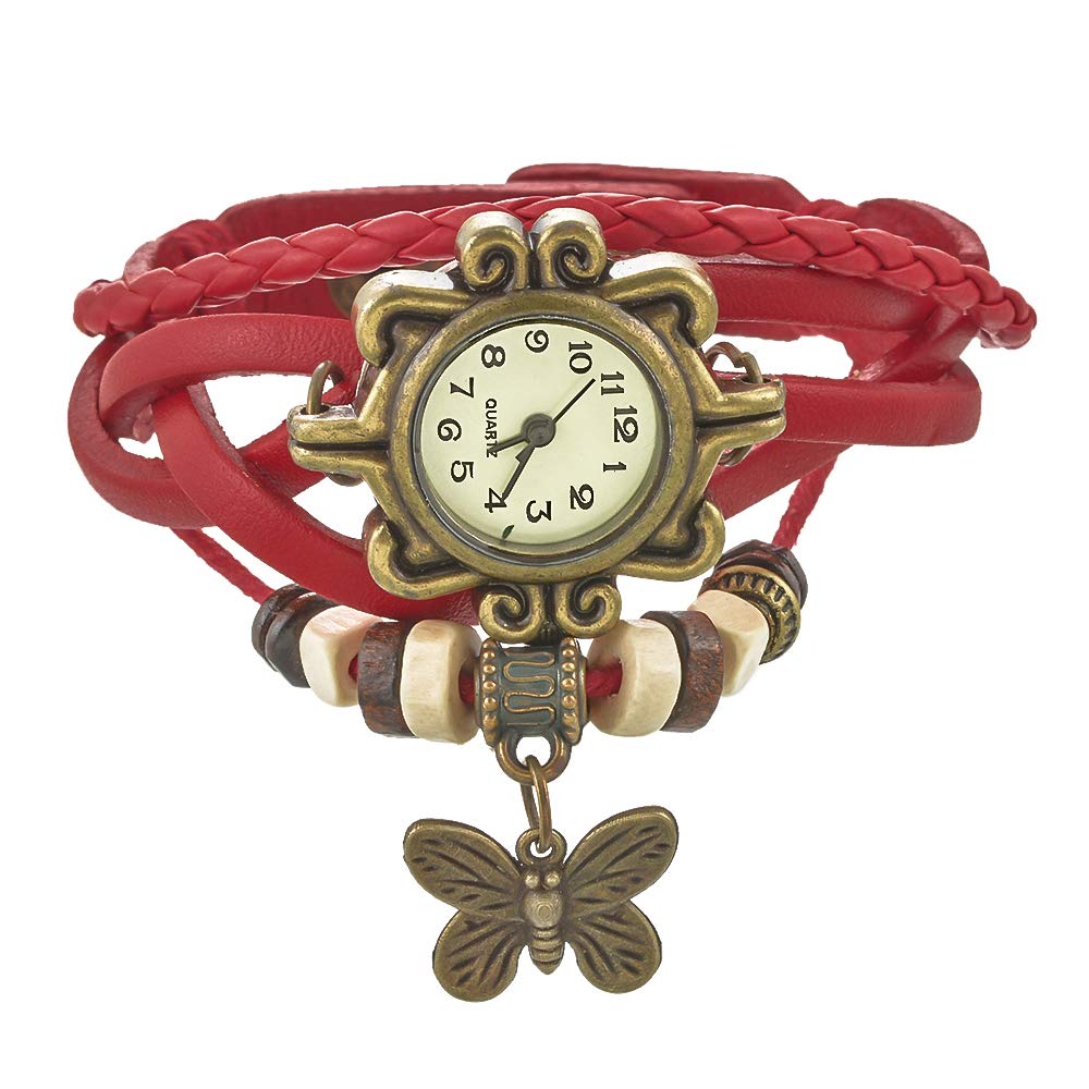 Souarts Women's Fashion Quartz Watch with Artificial Leather Braided Strap & Butterfly Charm - Elegant Wrap Bracelet for Casual, Office, and Party Wear