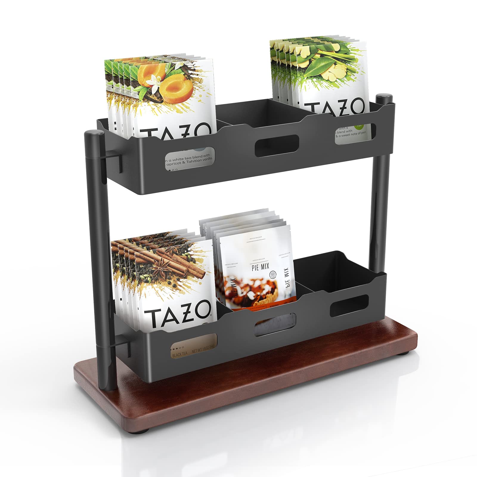 2-Tier Solid Wood Tea Bag Organizer Holder - Vertical Tea Storage Rack for Countertop, Kitchen & Pantry - Perfect for Organizing Tea Bags, Coffee Pods & Small Packets (Black)