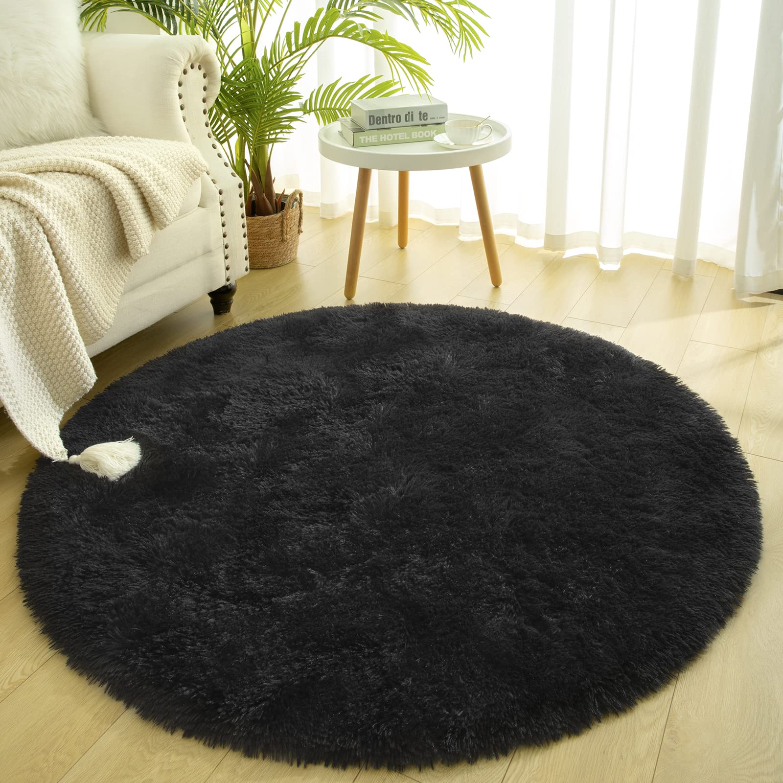 Fluffy Round Shaggy Area Rug 4x4 Feet - Soft Fuzzy Circle Carpet for Girls Bedroom, Princess Room & Nursery - Black Chicrug Kids Playmat - Perfect for Living Room, Play Area & Cozy Home Decor