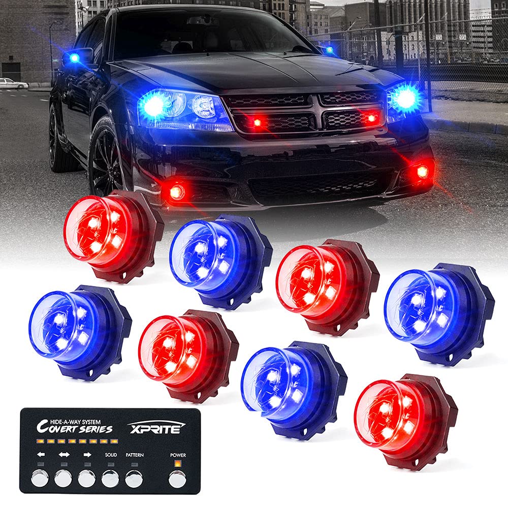 Xprite Red Blue LED Hideaway Strobe Police Lights Kit - 20 Flashing Patterns with Control Panel for Emergency Vehicles, Volunteer Cop Cars & Trucks (8PCS) - Perfect for Headlights, Taillights & Hazard Warning Mounting in Low Visibility & Emergency Situations