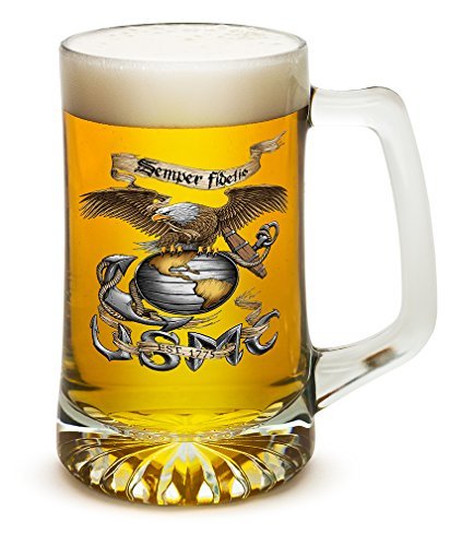 **US Marine Corps Tankard Beer Mugs with Handles - Set of 4 (25oz) Clear Eagle USMC Logo Glasses - Perfect Military Gifts for Men & Women - Ideal for Parties, BBQs, and Home Bars**