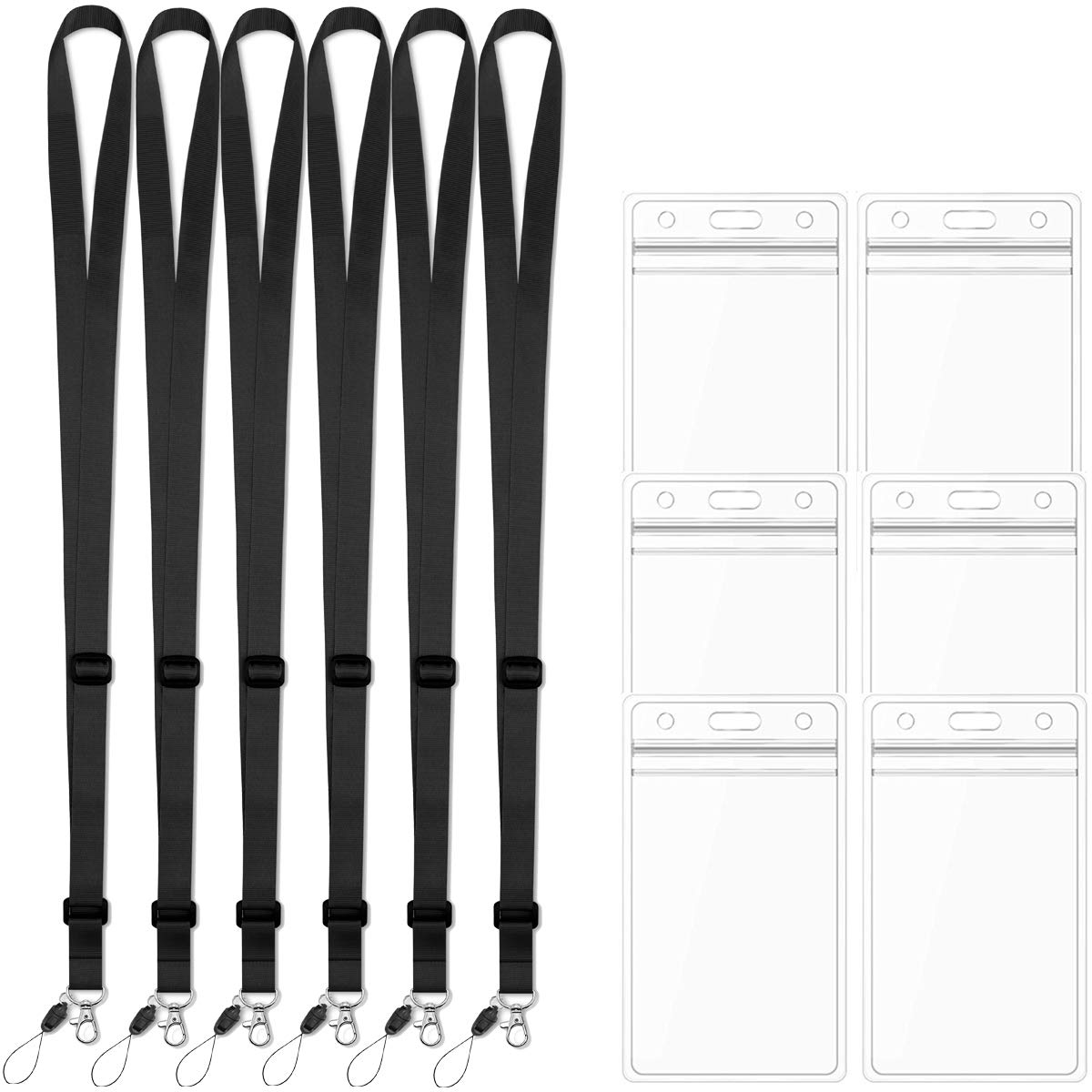 6 Pack Black Adjustable Lanyards with ID Badge Holder for Work, School & Events