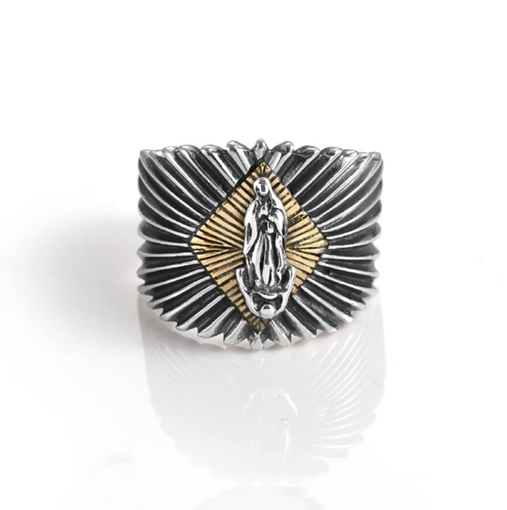 Virgin Mary Ring for Men & Women - Vintage Gothic Adjustable Punk Biker Ring, Oxidized Silver Blessed Jewelry - Perfect for Bikers, Goth Fashion, and Religious Gifts