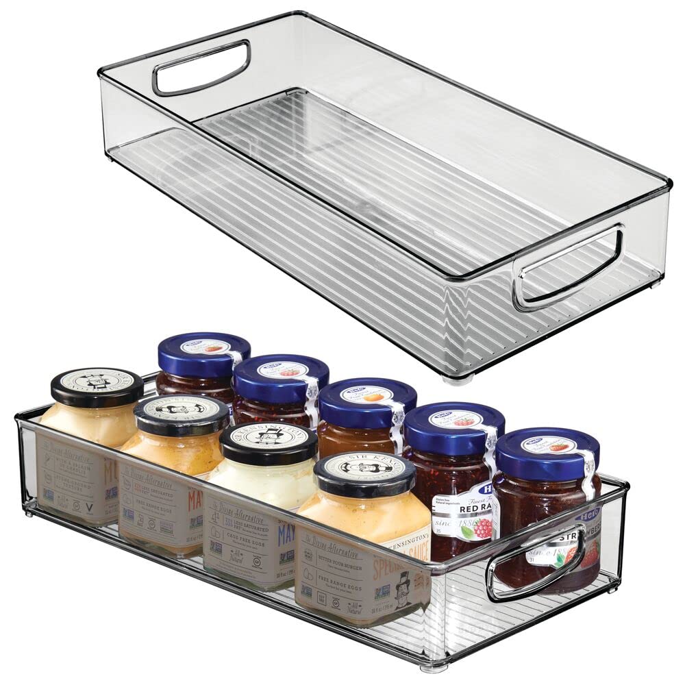 mDesign Plastic Stackable Kitchen Pantry Cabinet Organizer – BPA-Free Refrigerator & Freezer Food Storage Bin with Handles – Perfect for Fruits, Yogurt, Snacks, Pasta – 16-Inch Long, 2-Pack, Smoke Gray – Ideal for Pantry Organization & Small Space Storage