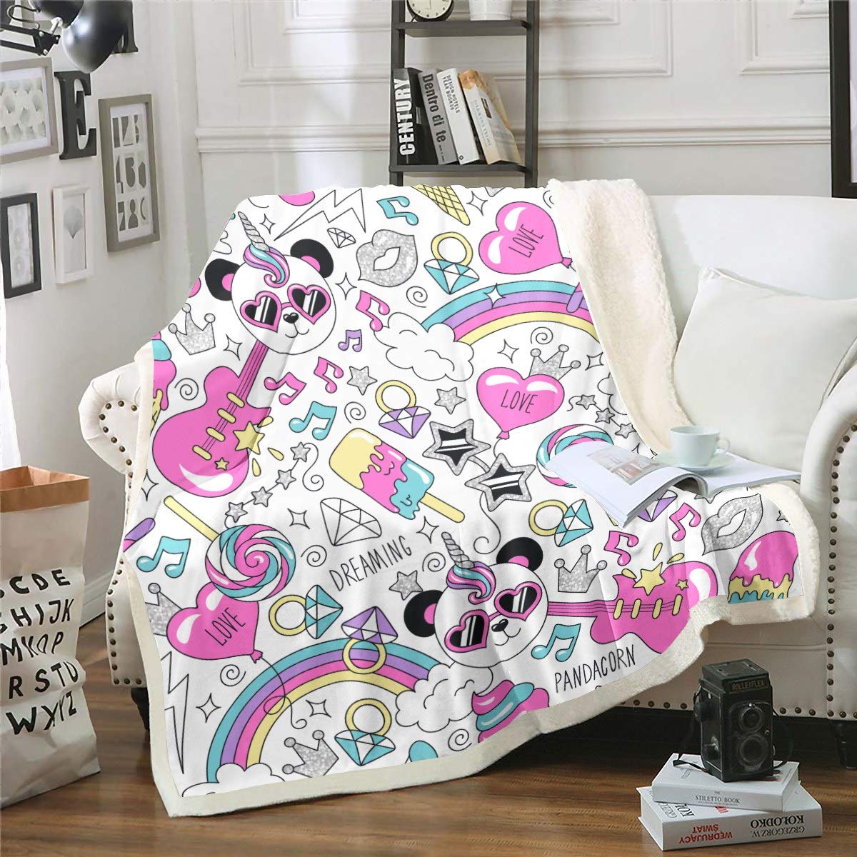 Soft Unicorn Fleece Blanket for Kids - Cute Cartoon Panda & Ice Cream Design, Sherpa Plush Throw Blanket 60x80 Inches, Rainbow Pattern for Girls' Room, Office Chair, or Twin Bed | Cozy Gift for Birthdays & Sleepovers
