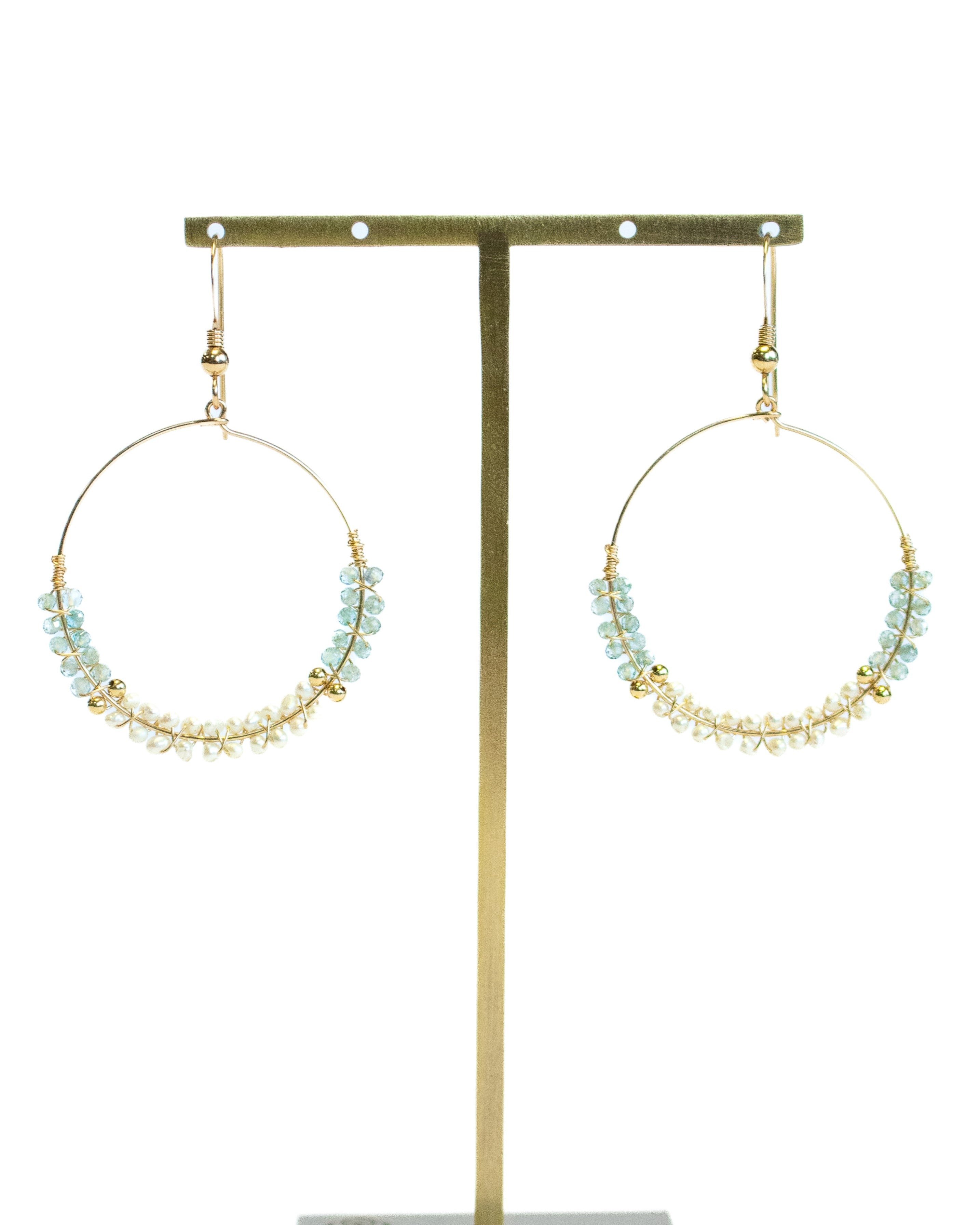 Blue Zircon & Pearl Hoop Earrings for Women - Elegant Dangle Earrings for Party, Wedding & Special Occasions | Julia Balestracci Jewelry Collection