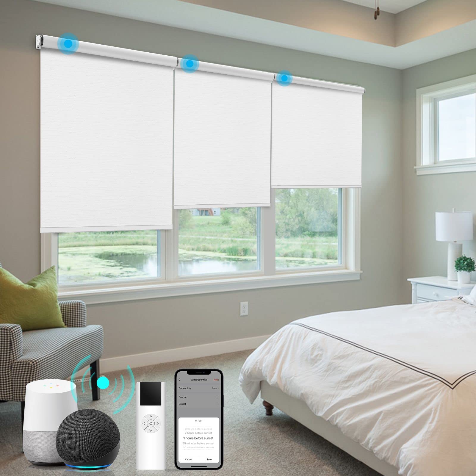 Motorized Roller Shades 100% Blackout - Smart Window Blinds with Alexa & Google Home Compatibility - Outside Mount - Remote Control via Mobile App (Tuya Hub) - 36