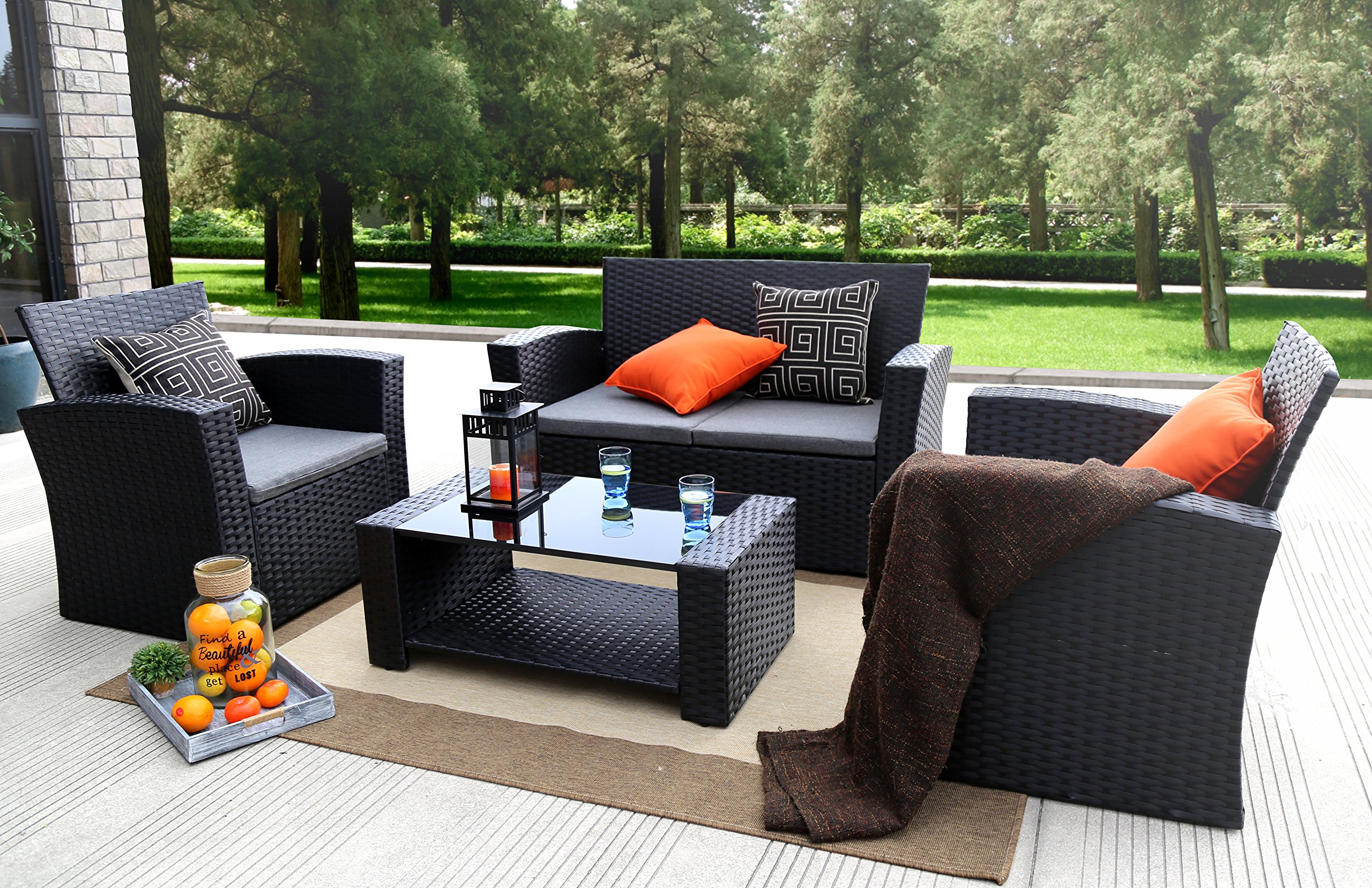 4-Piece Black PE Rattan Patio Set with Cushions for Outdoor Garden Relaxation