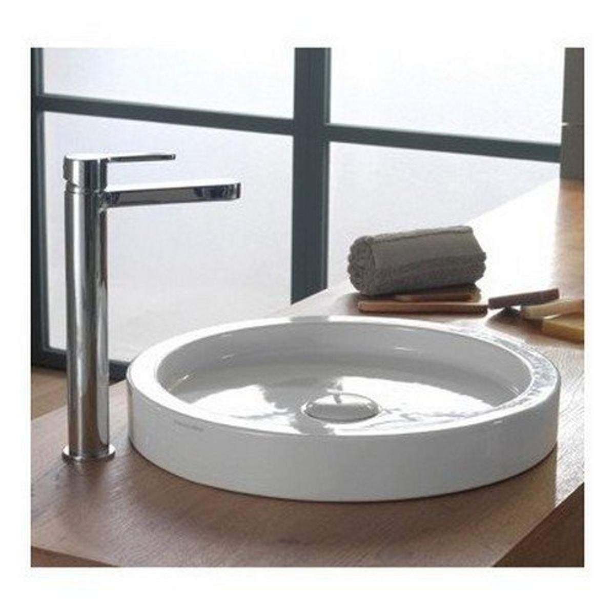 Scarabeo 8810 Round Ceramic Vessel Sink - No Hole Bucket Design, 17 Inch White Bathroom Sink for Modern Vanity & Powder Room Decor