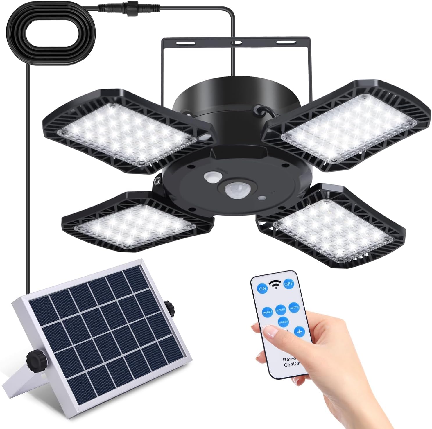 Solar Powered Outdoor Shed Lights with Remote - 128 LED Motion Sensor Pendant Lights for Camping, 16.4ft Cable, 4400mAh Battery, IP65 Waterproof - Perfect for Garden, Garage, Chicken Coop, Gazebo & Patio Lighting
