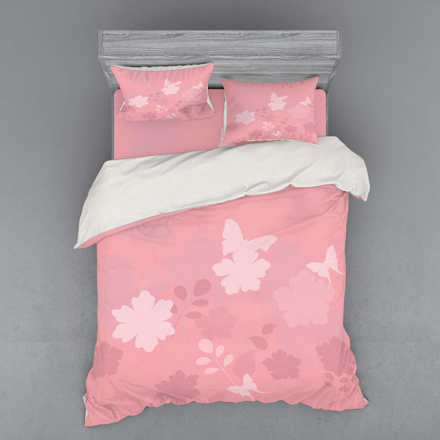Ambesonne Rose Floral Bedding Set - 4 Piece Duvet Cover Set with Pillow Shams & Fitted Sheet, Queen Size, Pale Rose - Spring Nature Design with Butterflies & Floral Ornaments for Romantic Bedroom Decor