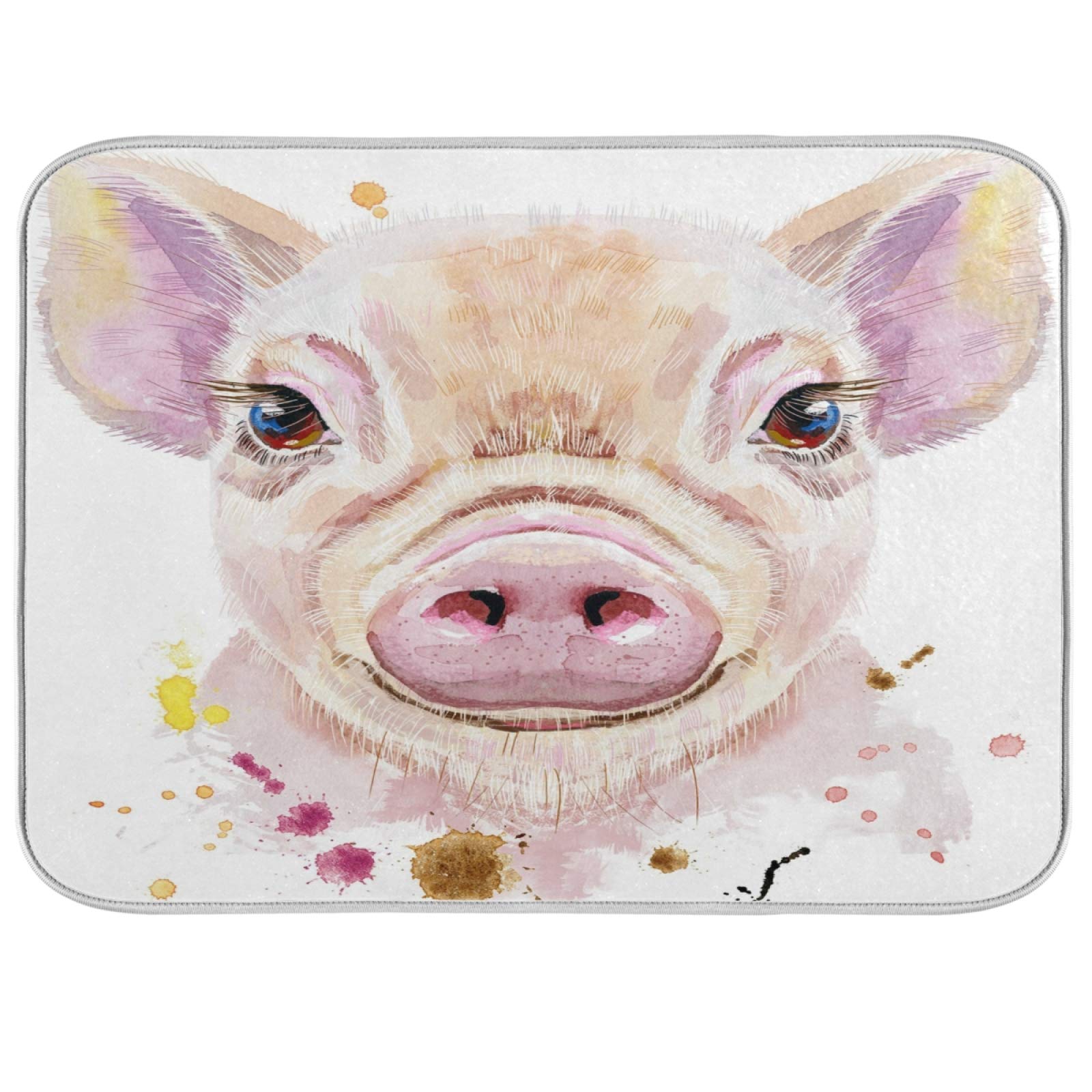 ALAZA Mini Pig Portrait Dish Drying Mat - Super Absorbent Microfiber Kitchen Countertop Drying Pad (16x18 Inch) - Perfect for Dishes, Utensils & Small Appliances Drying