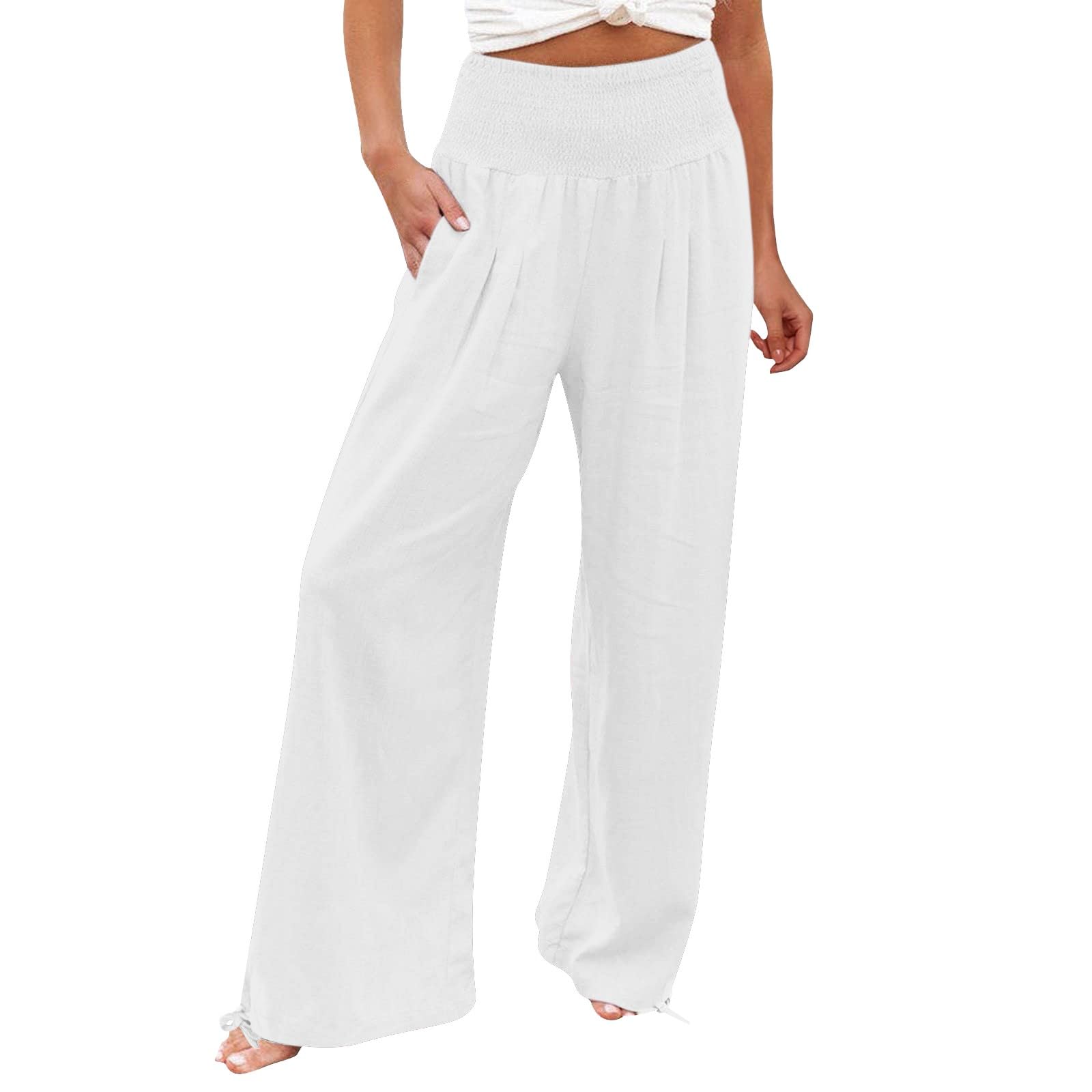 Boho Linen Pants for Women - Flowy Wide Leg High Waisted Summer Beach Trousers with Pockets | Casual Vacation & Yoga Wear