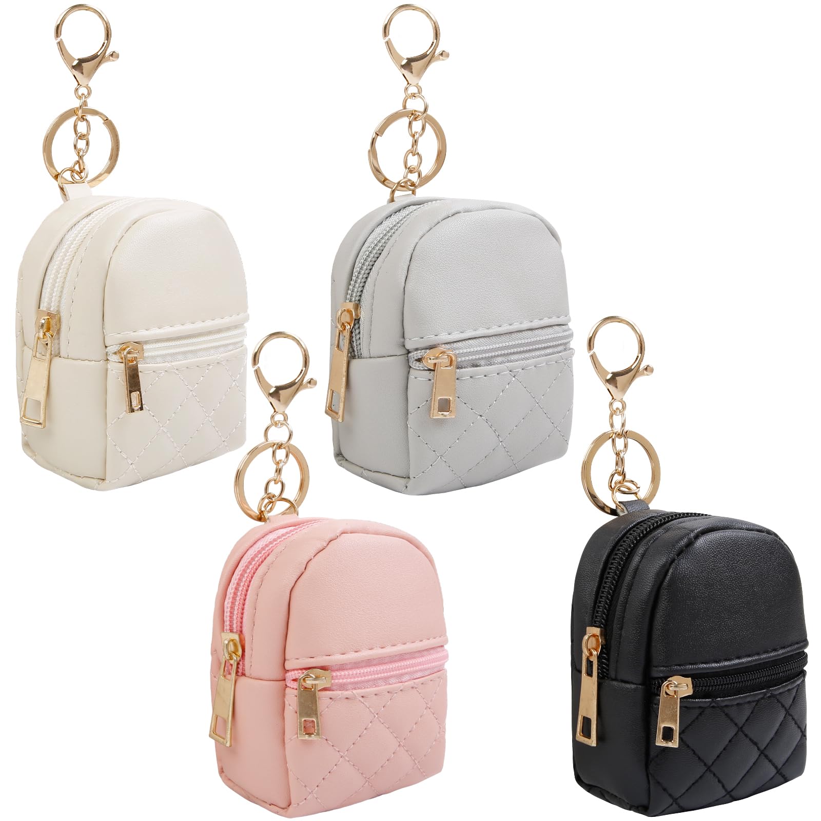 4Pcs Mini Backpack Keychain - Cute PU Leather Cosmetic Bag for Women, Makeup Organizer with Key Pocket, Lipstick Holder & Card Slot - Perfect for Travel, Gym & Daily Essentials (Black, Beige, Pink, Gray)
