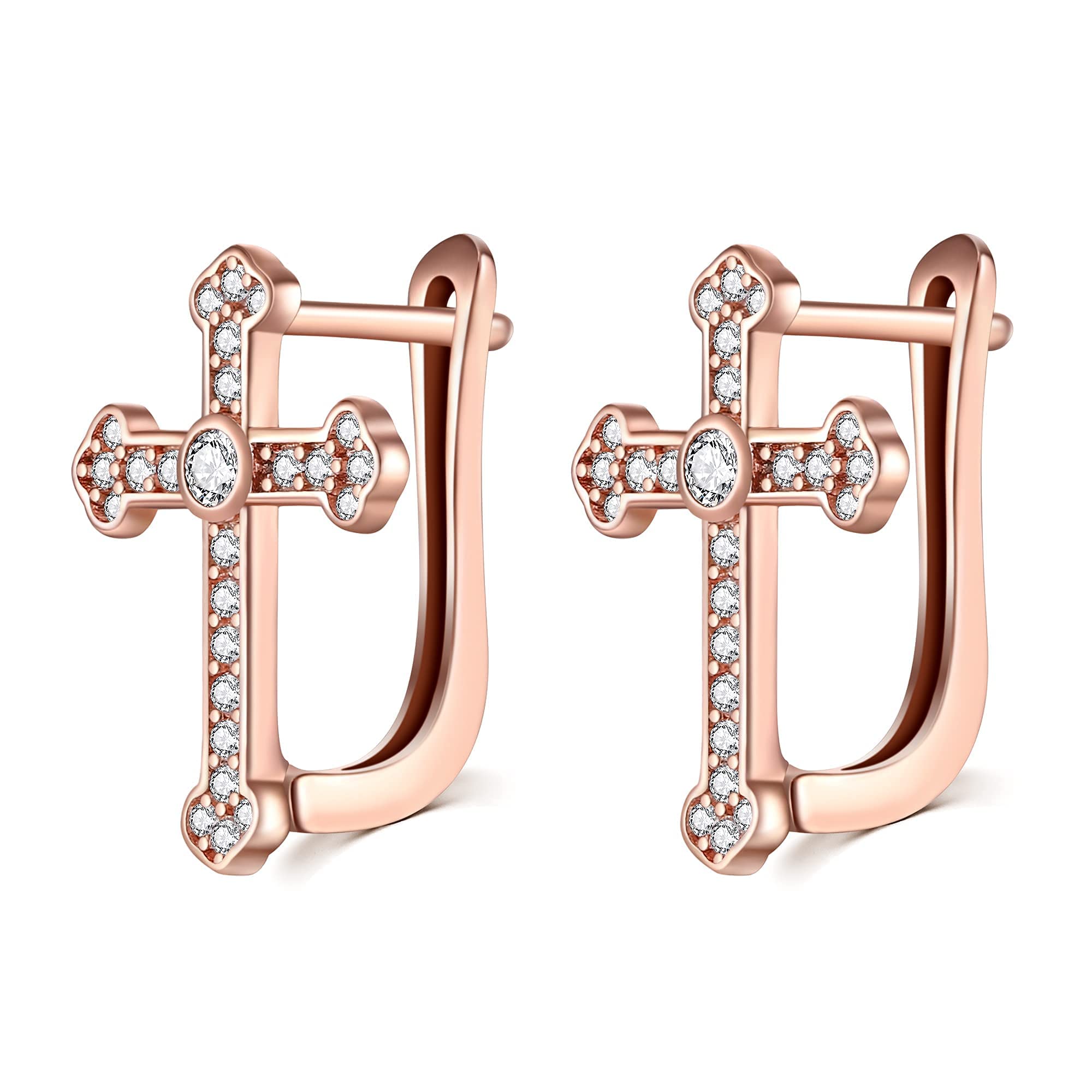 925 Sterling Silver Cross Hoop Earrings for Women - Rose Gold Plated Hypoallergenic Dangle Earrings with CZ Stones | Trendy Religious Jewelry Gift for Girls, Mothers & Teens | Perfect for Church, Parties & Everyday Wear