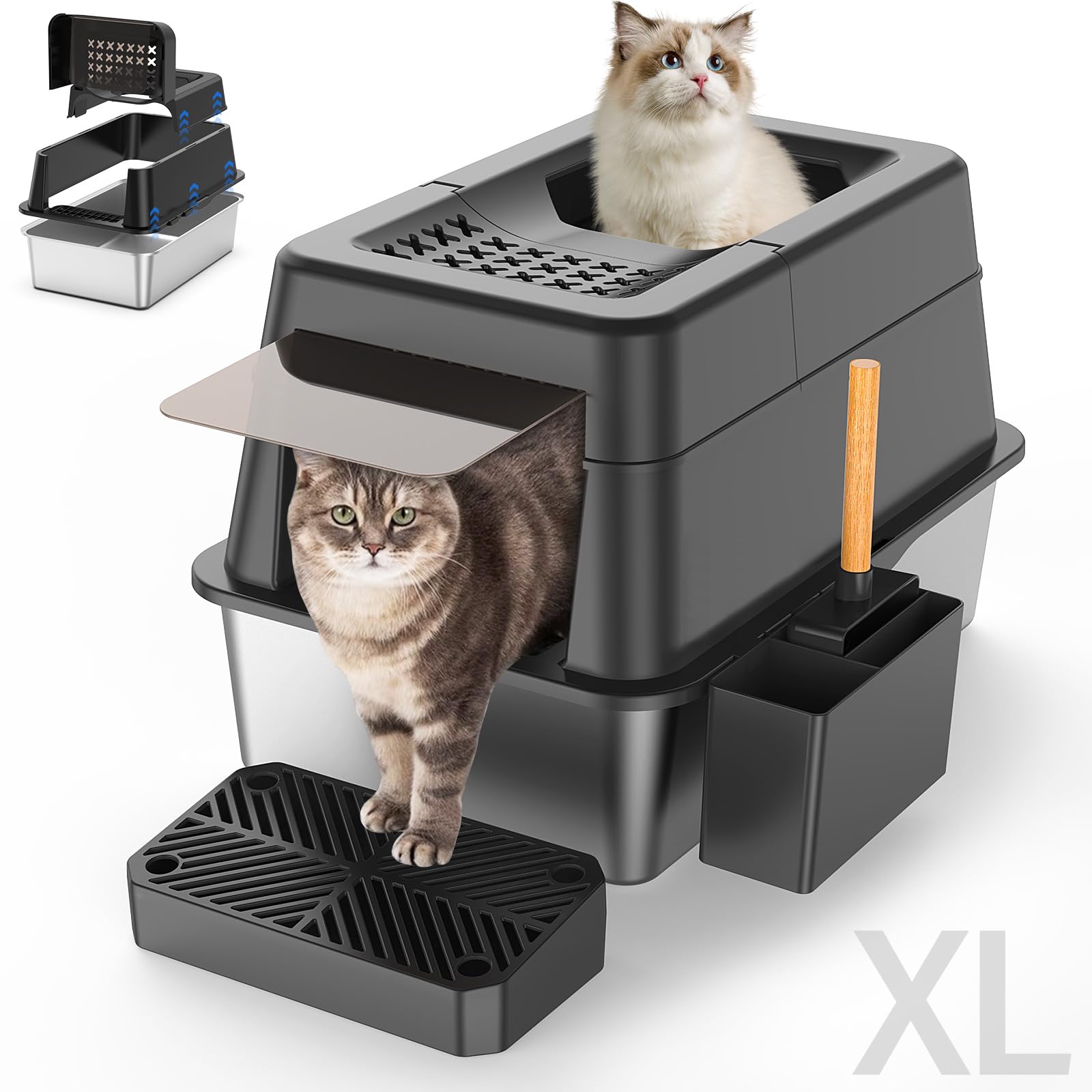Extra Large Stainless Steel Cat Litter Box with Lid - XL Enclosed High-Sided Litter Pan for Big Cats | 110° Flip Cover, Top Entry Design, Anti-Leak Metal Litter Box Includes Pedal & Scoop (Black) | Perfect for Large Breed Cats, Multi-Cat Homes & Odor Control