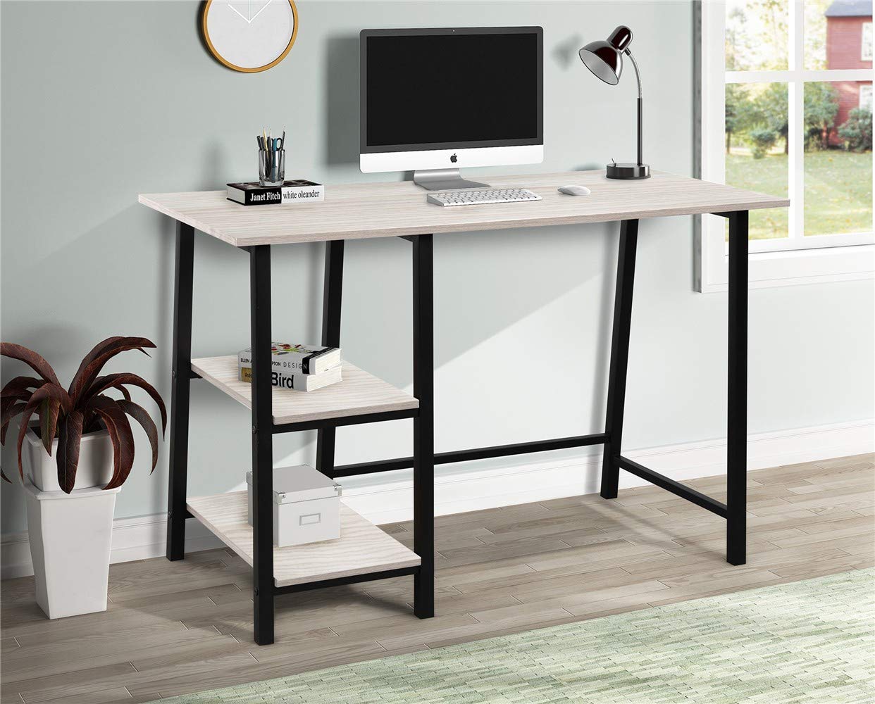 Modern & Simple Office Desk - Sturdy MDF & Metal Steel Computer Desk with 2-Tier Shelves for Home Office, Study Room, Bedroom & Workspace | Perfect for Remote Work, Gaming & Small Spaces
