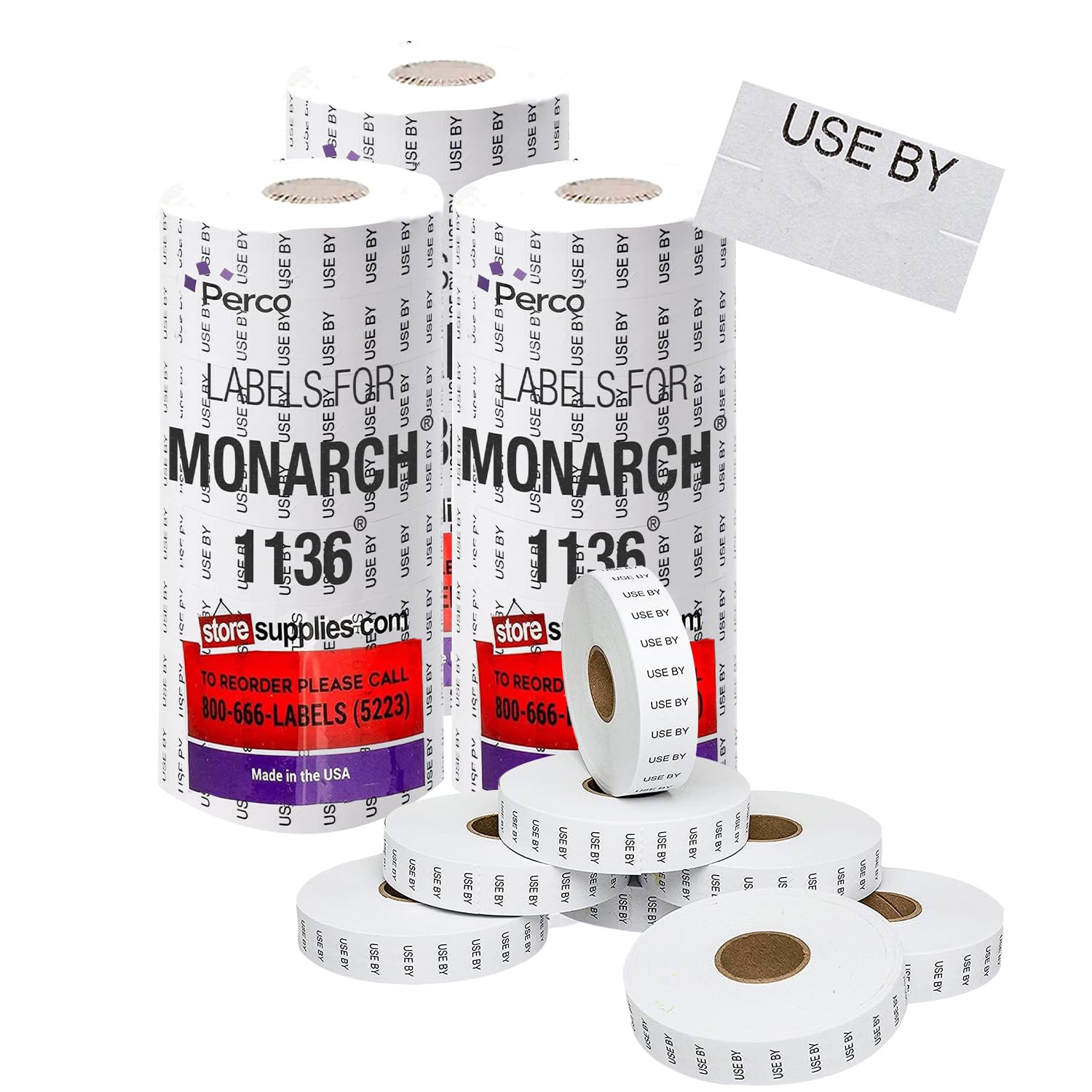 Perco USE Labels for Monarch 1136 Price Gun - 24 Rolls (42,000 Labels) with Bonus Ink Rolls - Buy 2 Get 1 Free - Perfect for Retail Pricing, Inventory Labeling & Warehouse Organization
