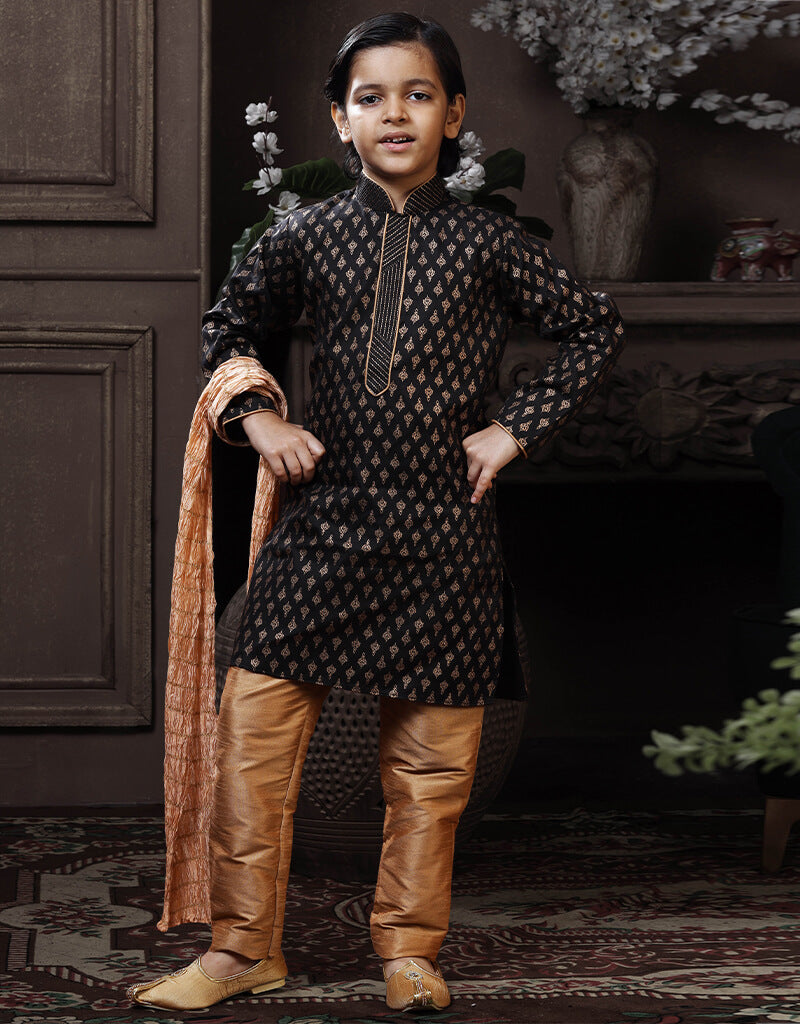 Men's Black Cotton Printed Kurta Pajama Set - Comfortable Traditional Indian Outfit for Festivals, Weddings & Casual Wear