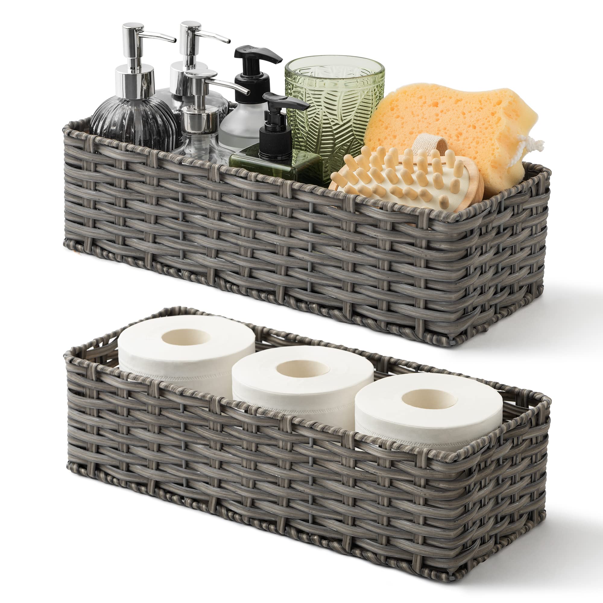 Waterproof Wicker Storage Baskets for Bathroom Organizing - 2-Pack Gray Toilet Paper & Towel Holder Baskets (15.75