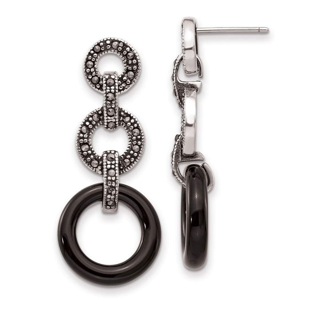 Sterling Silver Onyx & Marcasite Circle Post Earrings for Women - Elegant Dangle Drop Earrings for Party, Wedding & Everyday Wear