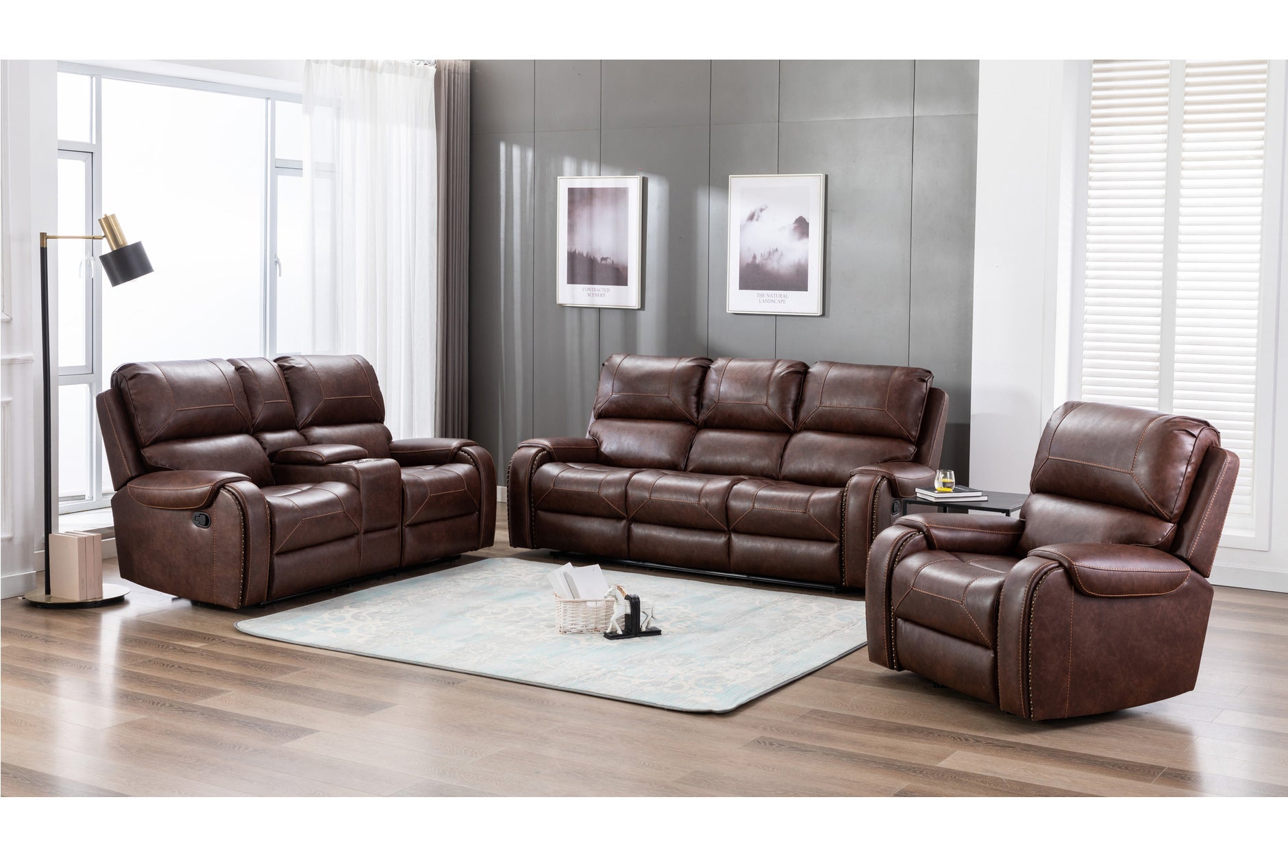 Caesar Brown Reclining Living Room Set - 3-Piece Leather Recliner Sofa with Cup Holders | Perfect for Family Movie Nights & Home Theater Lounging