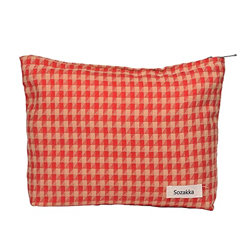 LYDZTION Red Lattice Makeup Bag for Women - Large Capacity Canvas Cosmetic Organizer, Travel Toiletry Bag with Zipper Closure | Perfect for Makeup Storage, Travel Essentials & Gift Giving