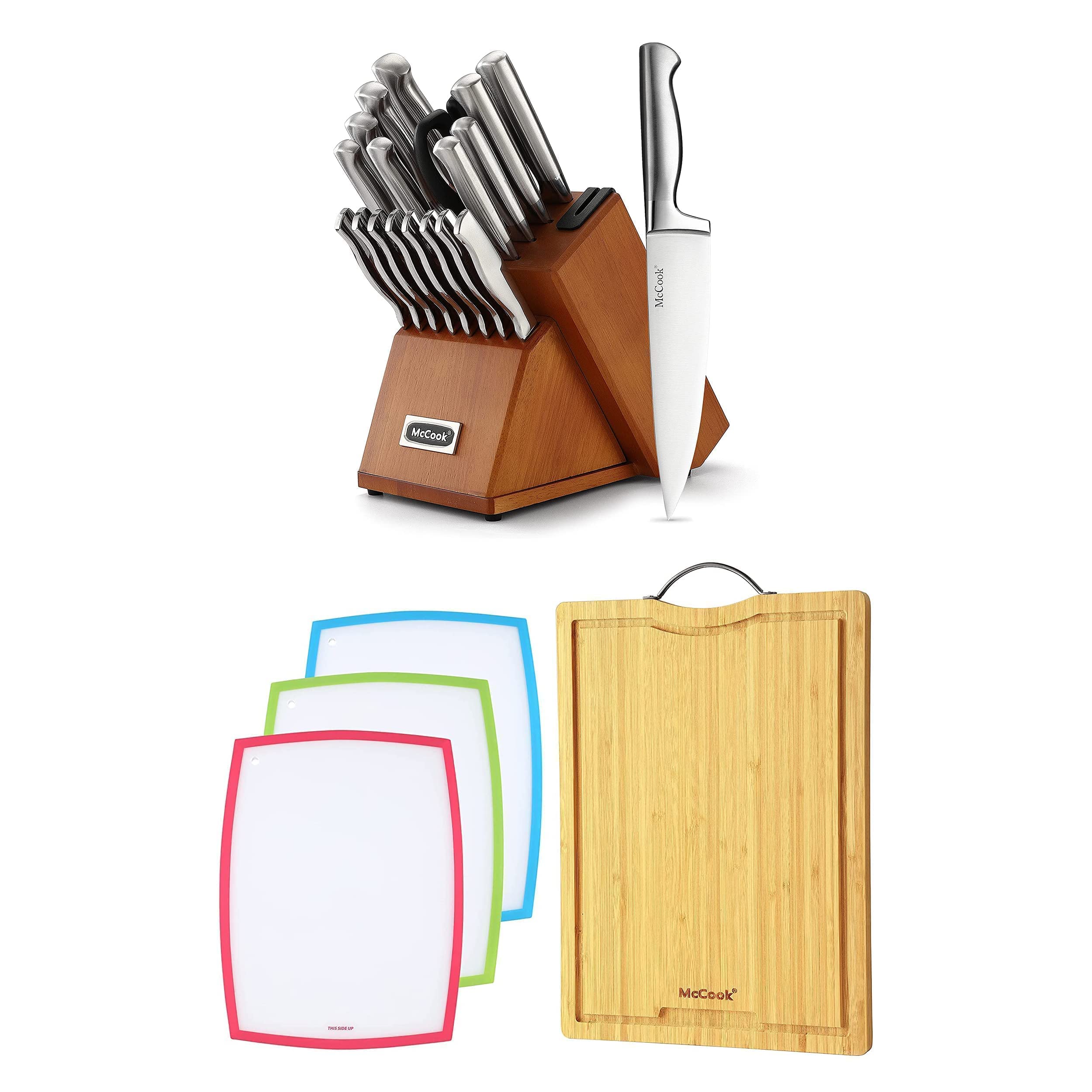 20-Piece German Stainless Steel Knife Block Set with Built-in Sharpener & 4-Piece Bamboo Cutting Board Set (Small, 15.4”x10.2”x0.8”) - Perfect for Home Kitchen, Professional Chefs & Gift Giving