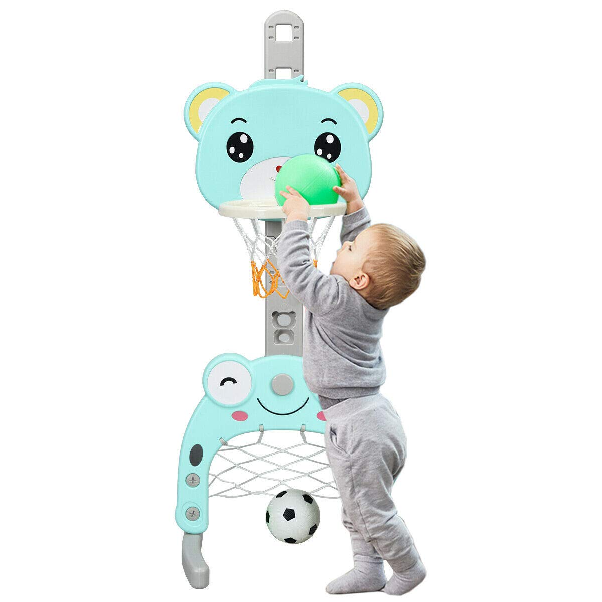 Kids Basketball Hoop Set with 3-in-1 Sports Games - Adjustable Animal-Shaped Stand for Basketball, Football & Ring Toss - Fun Indoor/Outdoor Play for Toddlers & Children - Perfect for Birthday Gifts & Backyard Activities