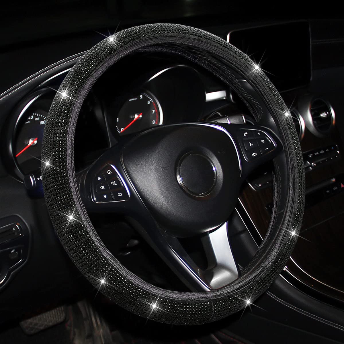 Sparkling Crystal Rhinestone Steering Wheel Cover - 15 Inch Anti-Slip Elastic Universal Fit for Cars, SUVs & Vehicles | Bling Car Interior Accessories (Black) | Perfect for Luxury Car Upgrades & Gift Giving