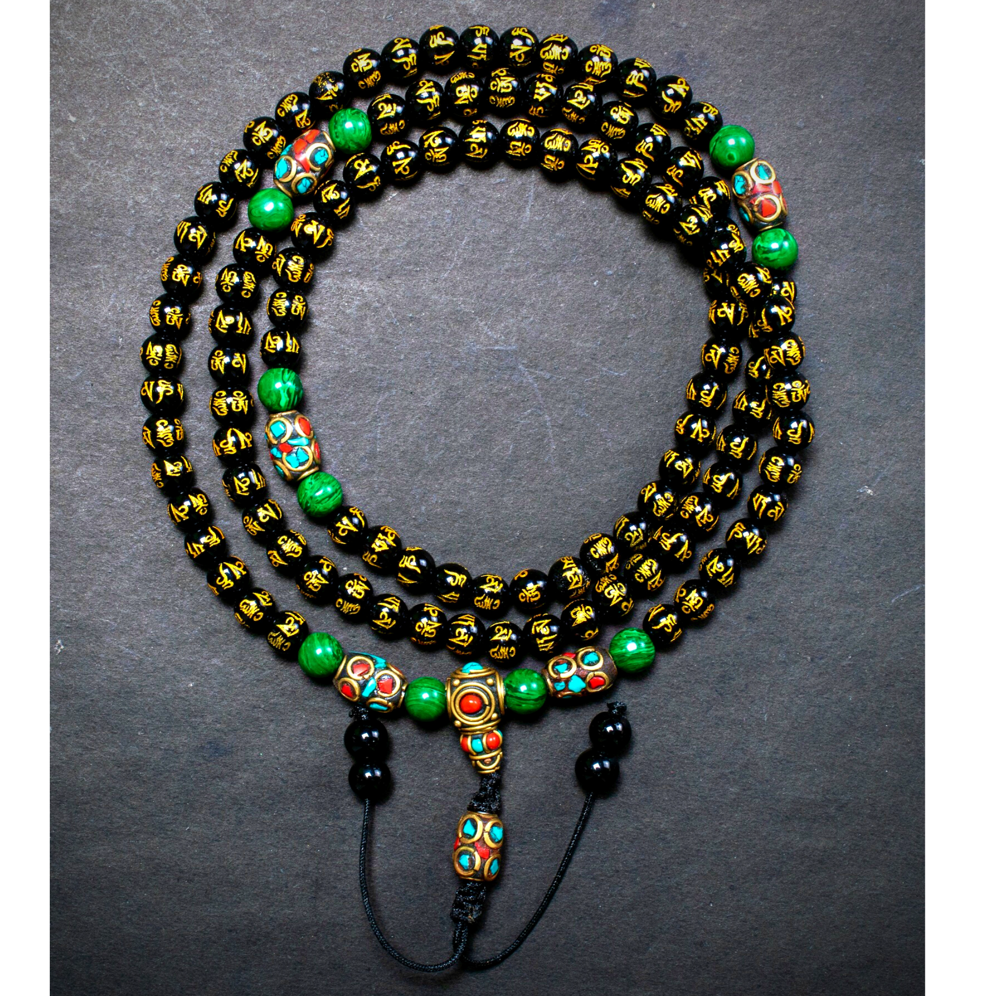 Onyx Gemstone Mala Beads with Om Mantra Carving - Meditation Prayer Necklace for Yoga, Spiritual Healing & Positive Energy