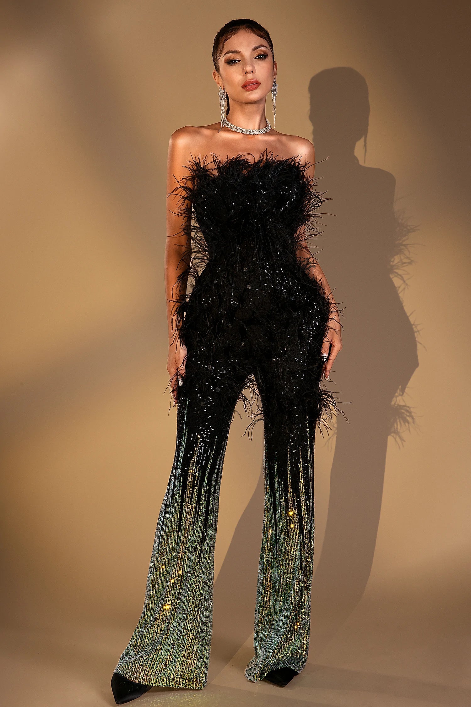Damari Feather Sequin Jumpsuit for Women - Glamorous Party Outfit with Sparkly Embellishments | Perfect for New Year's Eve, Prom, and Special Occasions