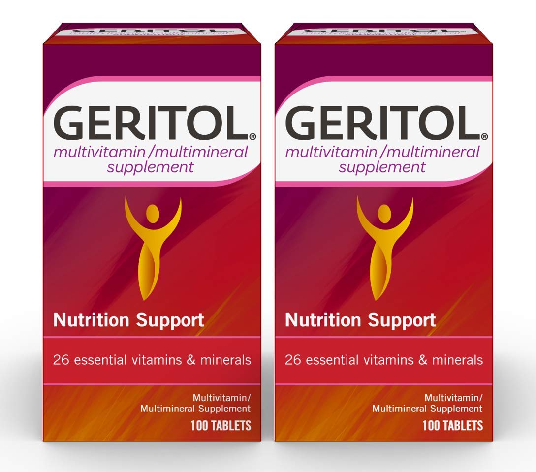 Geritol Multivitamin Supplement with B-Vitamins, Antioxidants, Vitamins C, E & D, Iron - 26 Essential Vitamins & Minerals - Gluten Free, Non-GMO, No Artificial Sweeteners - 100 Tablets (Pack of 2) - Supports Energy, Immunity & Overall Health for Active Adults & Seniors
