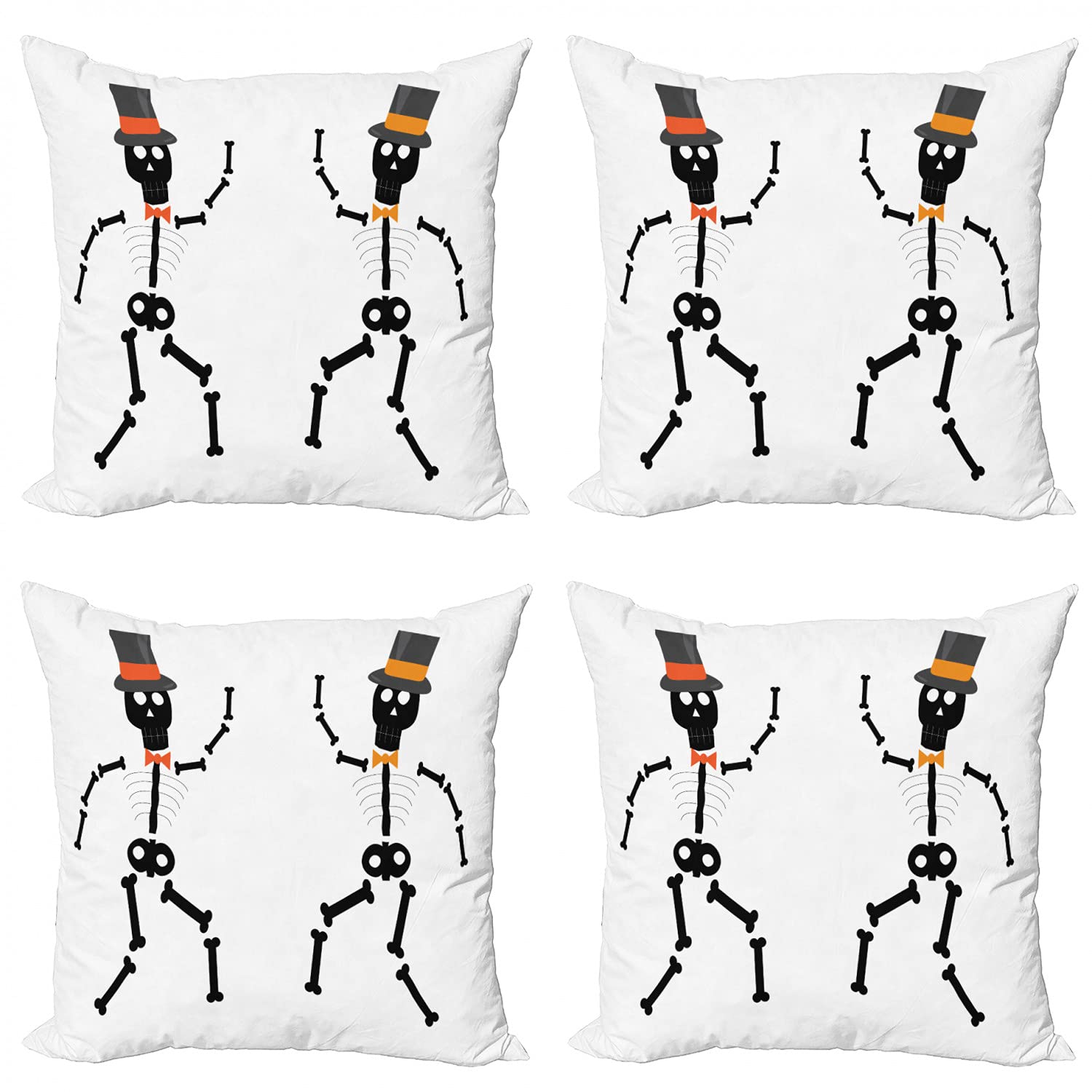 Ambesonne Skeleton Decorative Throw Pillow Covers Pack of 4 - Dancing Halloween Fun with Hat & Bowties - 16 Inch Cushion Covers for Sofa, Living Room, Bed, Car - Red Brown Caramel - Perfect for Halloween Decor, Gothic Home Decor & Spooky Party Decorations