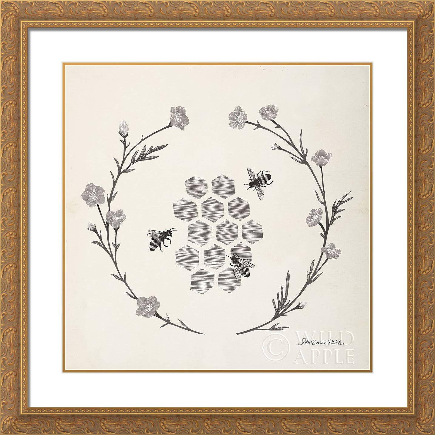 15x15 Gold Ornate Framed Double Matted Museum Art Print - Happy to Bee Home III Neutral Wall Decor - Perfect for Living Room, Bedroom & Office Decor