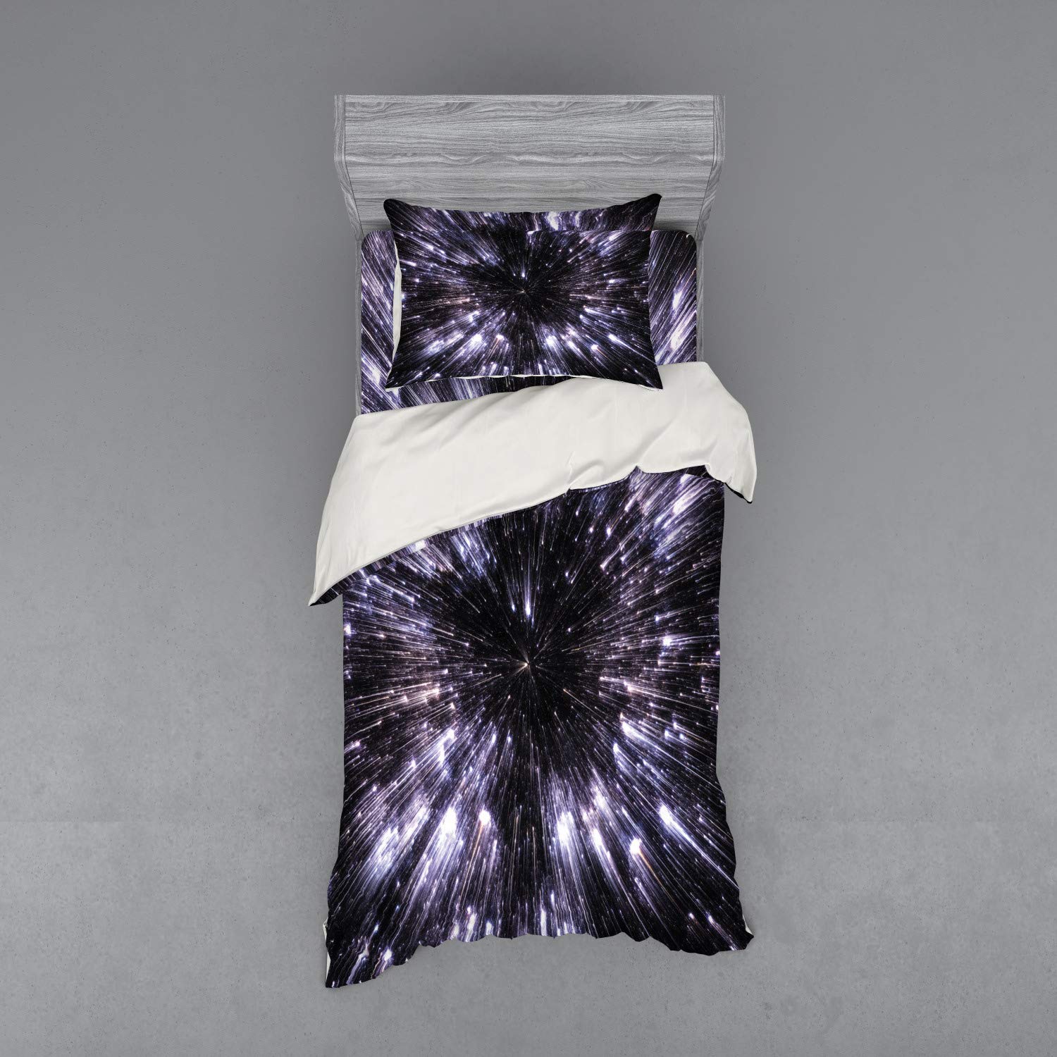 Ambesonne Galaxy Duvet Cover Set - Twin Size 3-Piece Bedding with Pillow Sham & Fitted Sheet - Space Travel Universe Science Fiction Theme in Violet Black White - Perfect for Kids' Rooms, Dorm Decor & Sci-Fi Themed Bedrooms