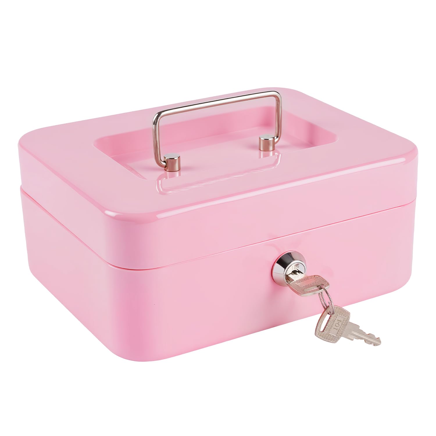Pink Metal Cash Box with Lock & Money Tray - 7.87 x 6.3 x 3.54 Inch Secure Money Storage Box for Home, Office, Retail & Events