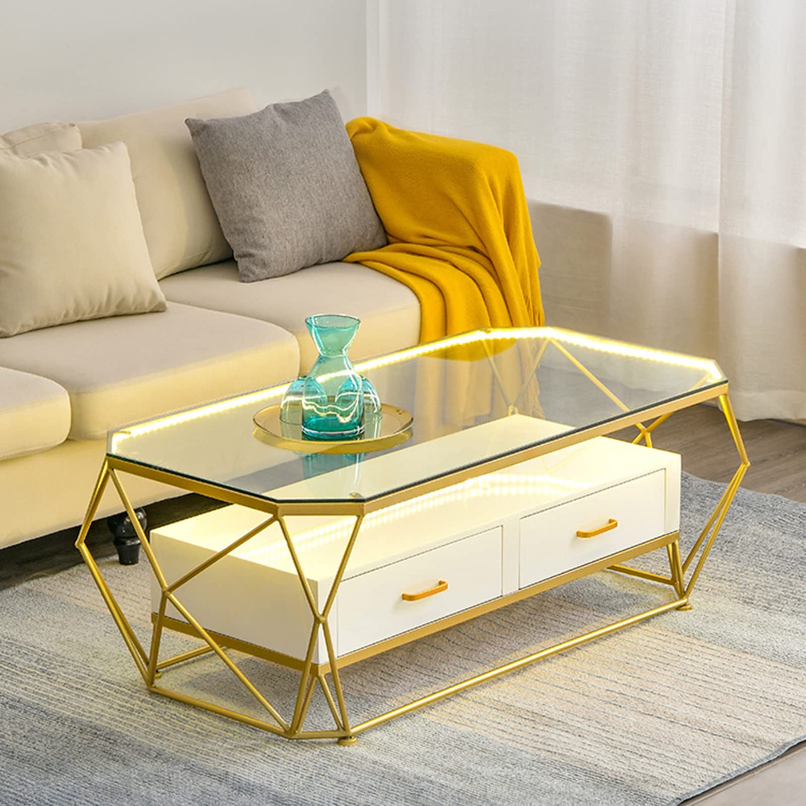 2022 Modern Luxury LED Light Glass Coffee Table with Large Storage Drawers - Transparent End Table for Sofa Side, Living Room & Bedroom Decor - 100X50x45cm Clear Glass - Perfect for Contemporary Home Interior, Small Space Solutions & Nightstand Alternative