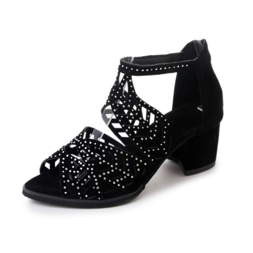 JOYBI Women's Peep Toe Heeled Sandals - Rhinestone Cutout Hollow Zipper Chunky Block Heels Dress Shoes for Party, Wedding & Evening Events