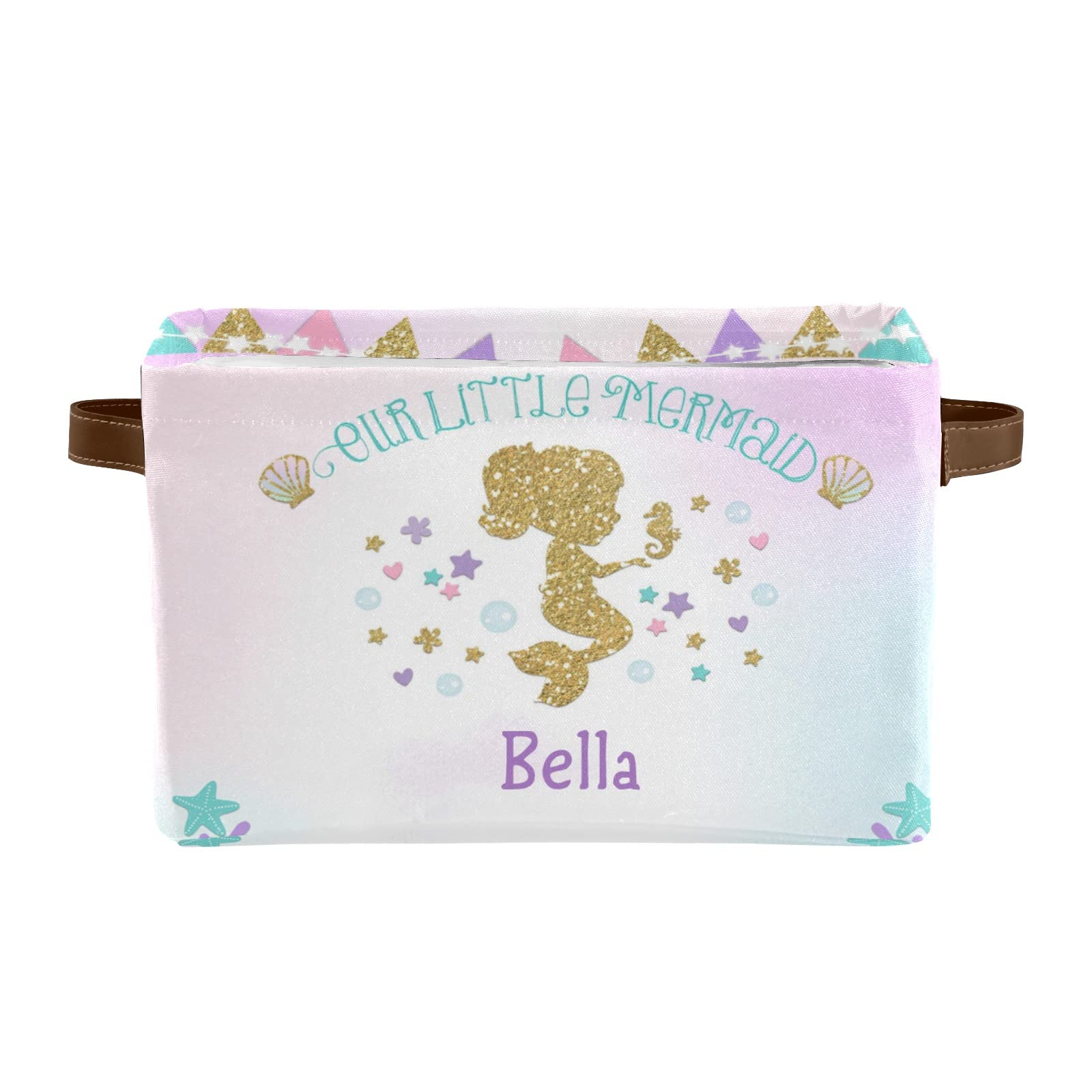 Personalized Mermaid Girl Flower Canvas Storage Bins with Name - 2 Pack Decorative Organizer Baskets with Leather Handles for Office, Bathroom, Nursery, Closet & Shelf Storage - Perfect for Kids' Room Decor & Home Organization