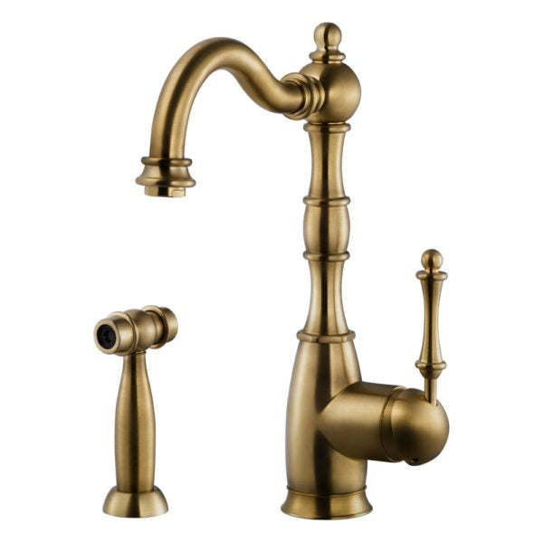 Hamat NOSP 4000 AB Nottingham Traditional Brass Single Lever Kitchen Faucet with Pull Down Side Sprayer in Antique Brass Finish - Perfect for Farmhouse, Vintage, and Classic Style Kitchens