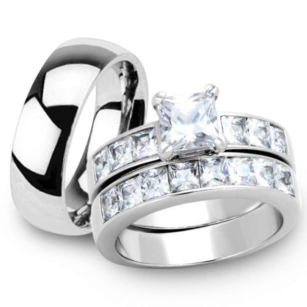 Her & His 3pc Stainless Steel Wedding Rings Set - Princess Cut & Classic Band for Couples