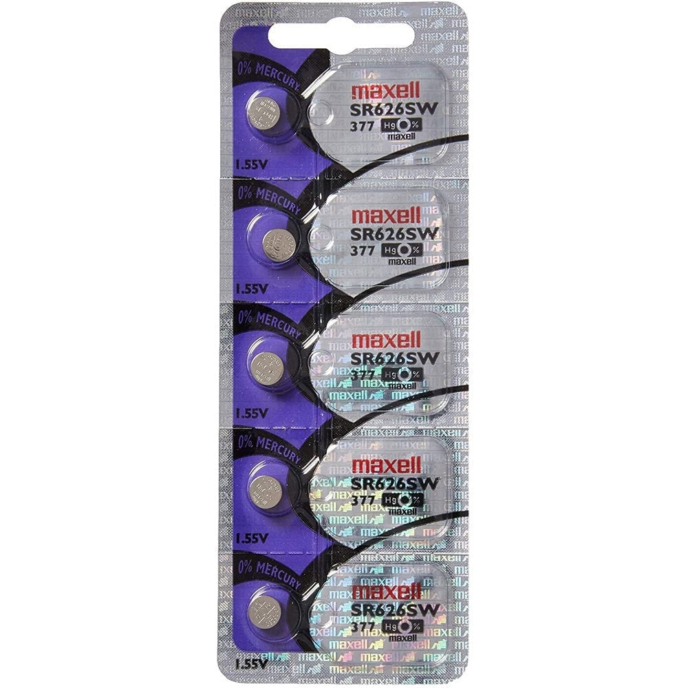 Maxell SR626SW Silver Oxide Watch Battery - 5 Pack Button Cell Batteries for Watches, Calculators, and Small Electronics