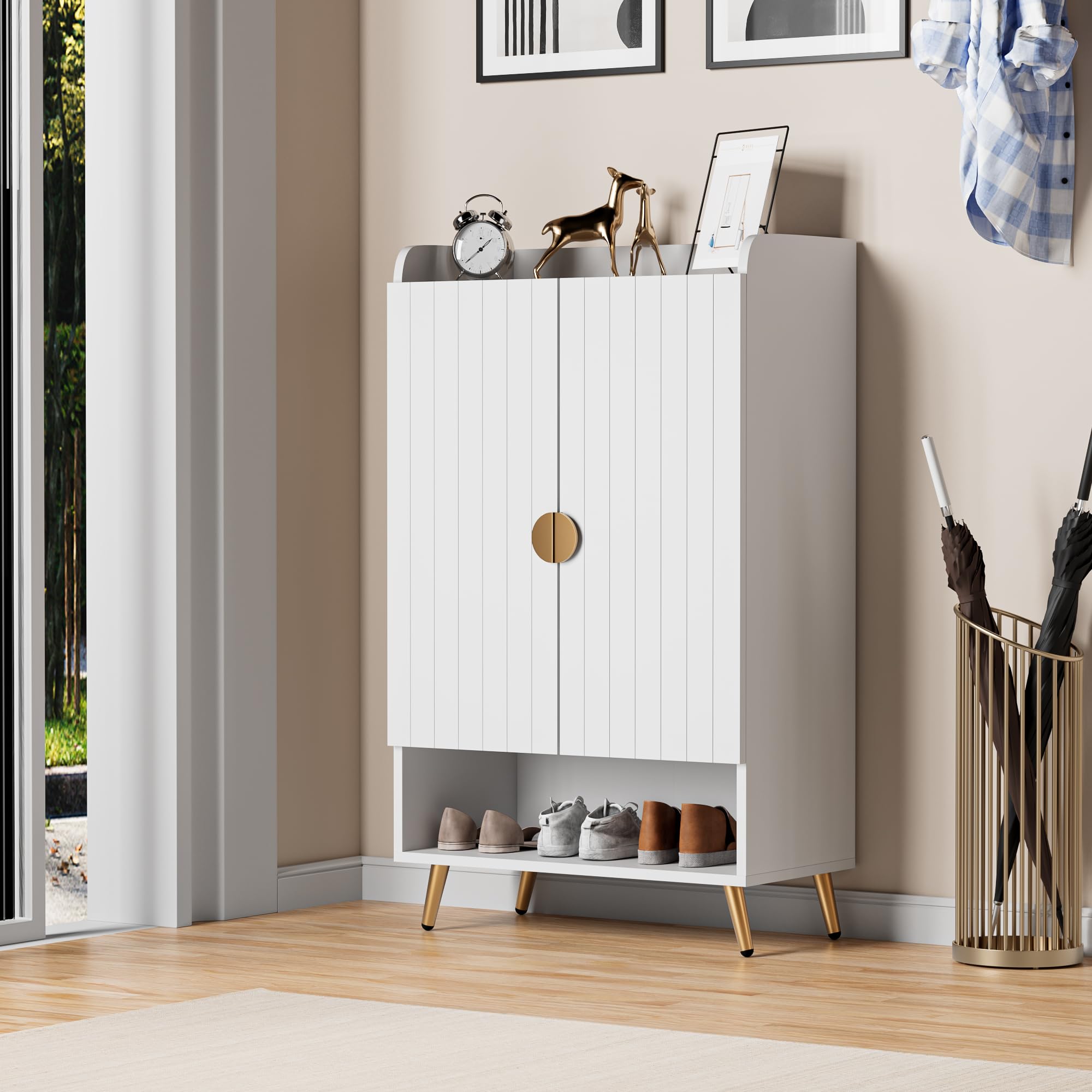 Cozy Castle Shoe Cabinet for Entryway - Freestanding Wooden Shoe Storage Organizer with Doors & Adjustable Shelves - Modern White Shoe Cabinet for Hallway, Bedroom, or Closet Organization