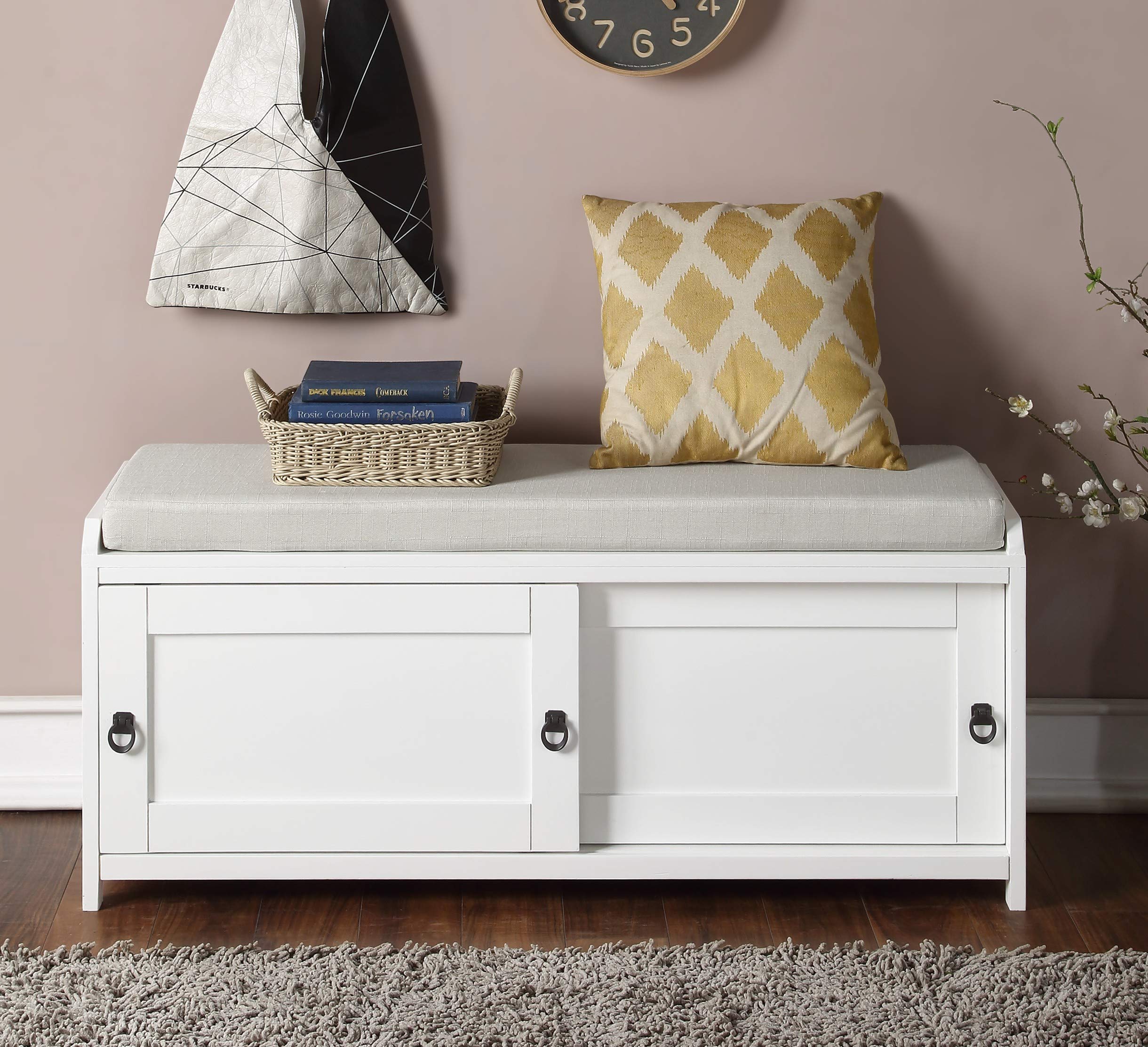 Lazyspace White Wood Storage Bench with 2 Cabinets & Cushion Seat - Adjustable Shelves Shoe Bench for Entryway, Hallway, Mudroom & Living Room - Perfect for Organizing Shoes, Hats & Home Decor