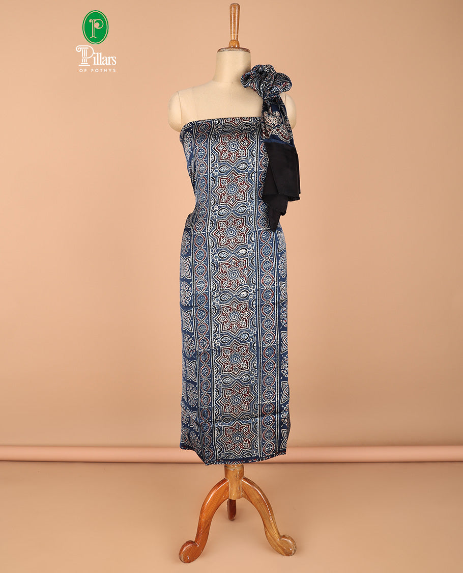 Pure Modal Blue Chudidhar Set with Hand Block Ajrak Print Top, Plain Pant & Dupatta - Elegant Ethnic Outfit for Festivals, Weddings & Special Occasions